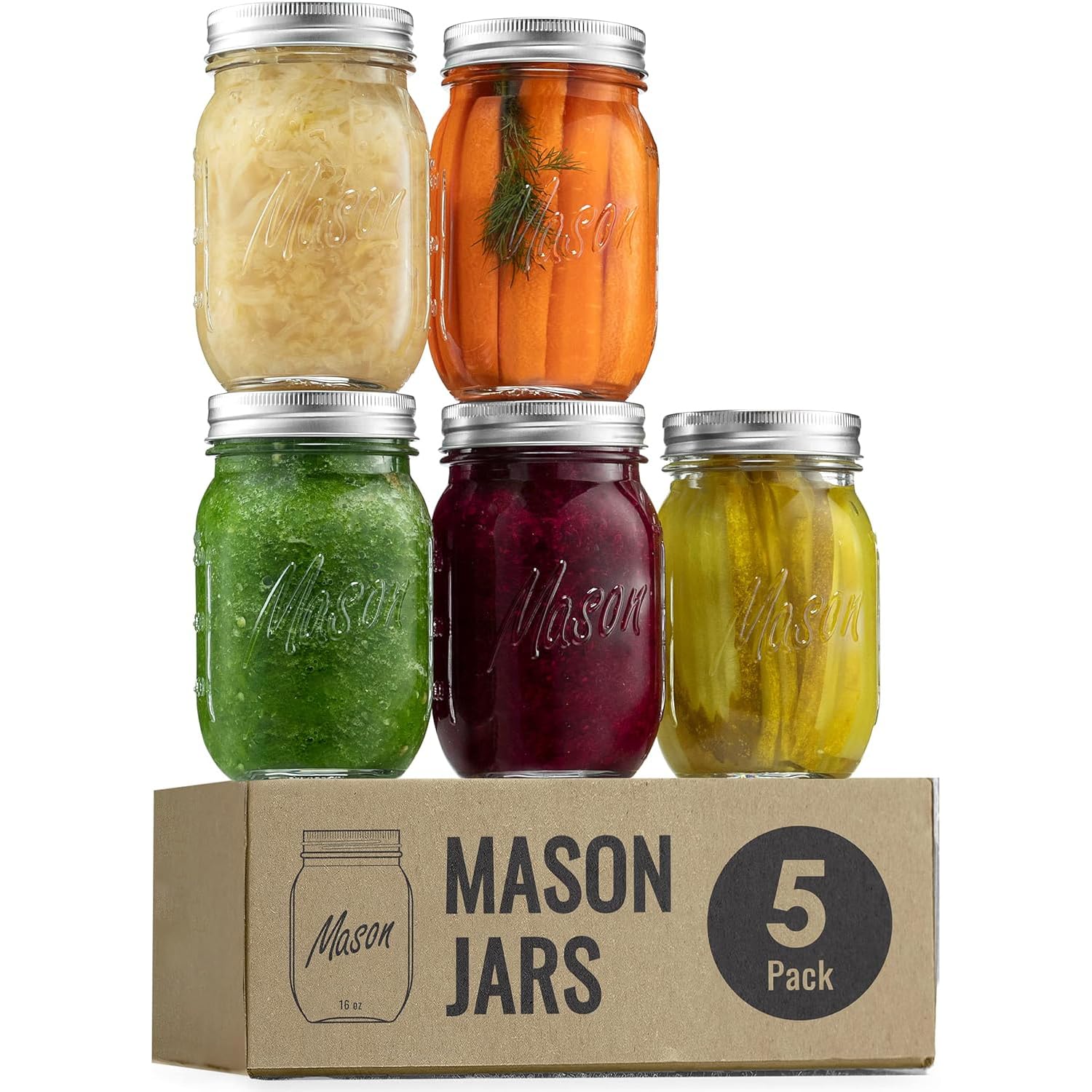 5 Pack 16 oz Mason Jars, Regular Mouth Glass Jars with Lid & Seal Bands, Airtight Container for Pickling, Canning, Candles, Home Decor, Overnight Oats, Fruit Preserves, Jam or Jelly