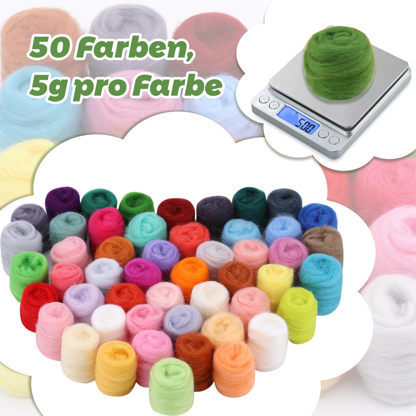 50 Couleurs Ensemble de Filage à l'Aiguille, Ensemble de Filage à l'Aiguille Démarrage avec Laine, 50 Couleurs de Laine Roving de 5 g, Outils de Filage de Base pour Débutants, Artisanat DIY, Cadeau de