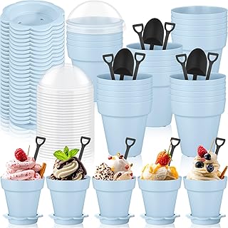 Honeydak 25 Pack Flowerpot Dessert Cup Plastic Cake Cups with Lid Shovel Spoon Mini Flower Pot Dessert Cups Ice Cream Yogurt Cupcake Holder Containers for Birthday Party Supplies DIY Baking(Blue)