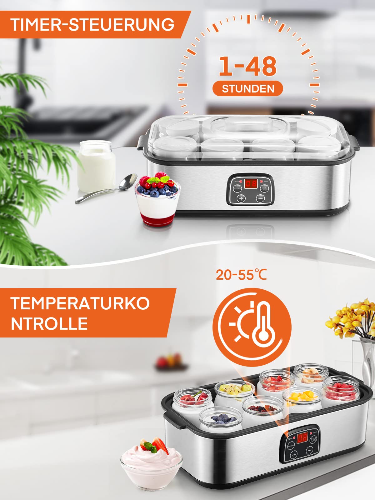 Joghurtbereiter, Griechische Joghurtmaschine mit 8 Gläsern/Deckeln, One-Touch-Display: Perfekt für organische, gesüßte, aromatisierte, einfache oder zuckerfreie Optionen für Babys, Kinder und Parfaits