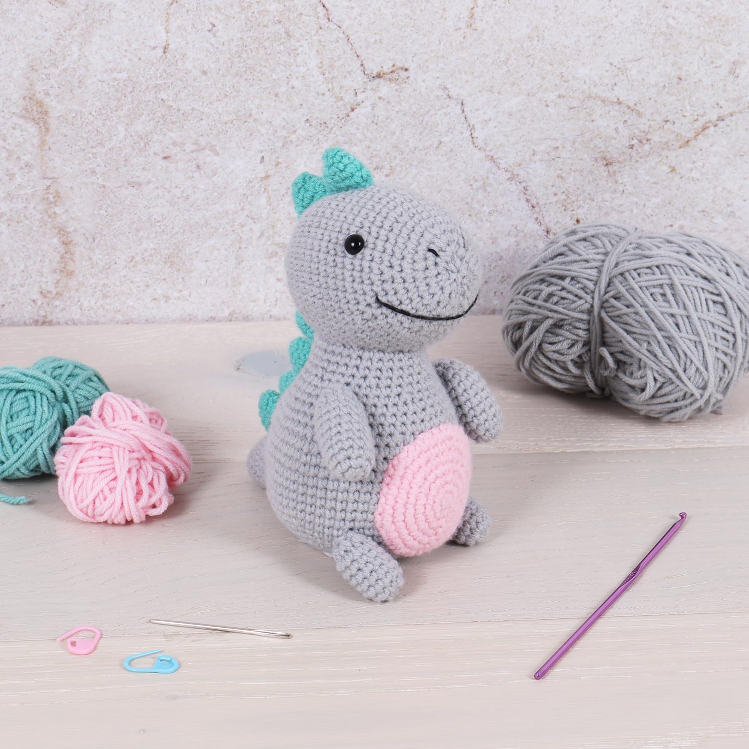Trimits Amigurumi Dinosaur Crochet Kit (13 x 8 x 17 cm) - with Yarn, Crochet Hook, Stitch Markers, Needle, Eyes, Filling Material and Instructions