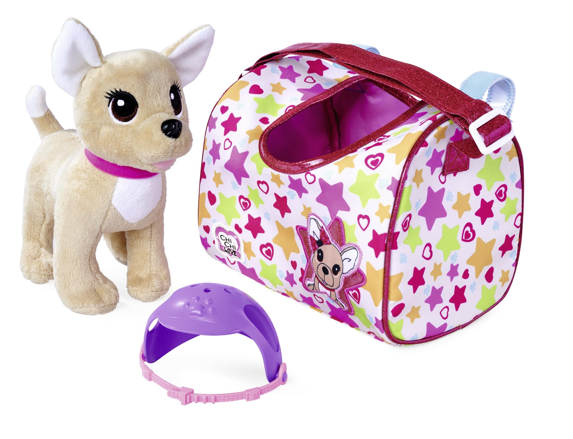 Simba Chi Chi Love Grand Tour Chien en Peluche Chihuahua avec Casque dans Un Sac de Transport Cool pour vélo ou Guidon de Scooter, 20 cm, à partir de 3 Ans