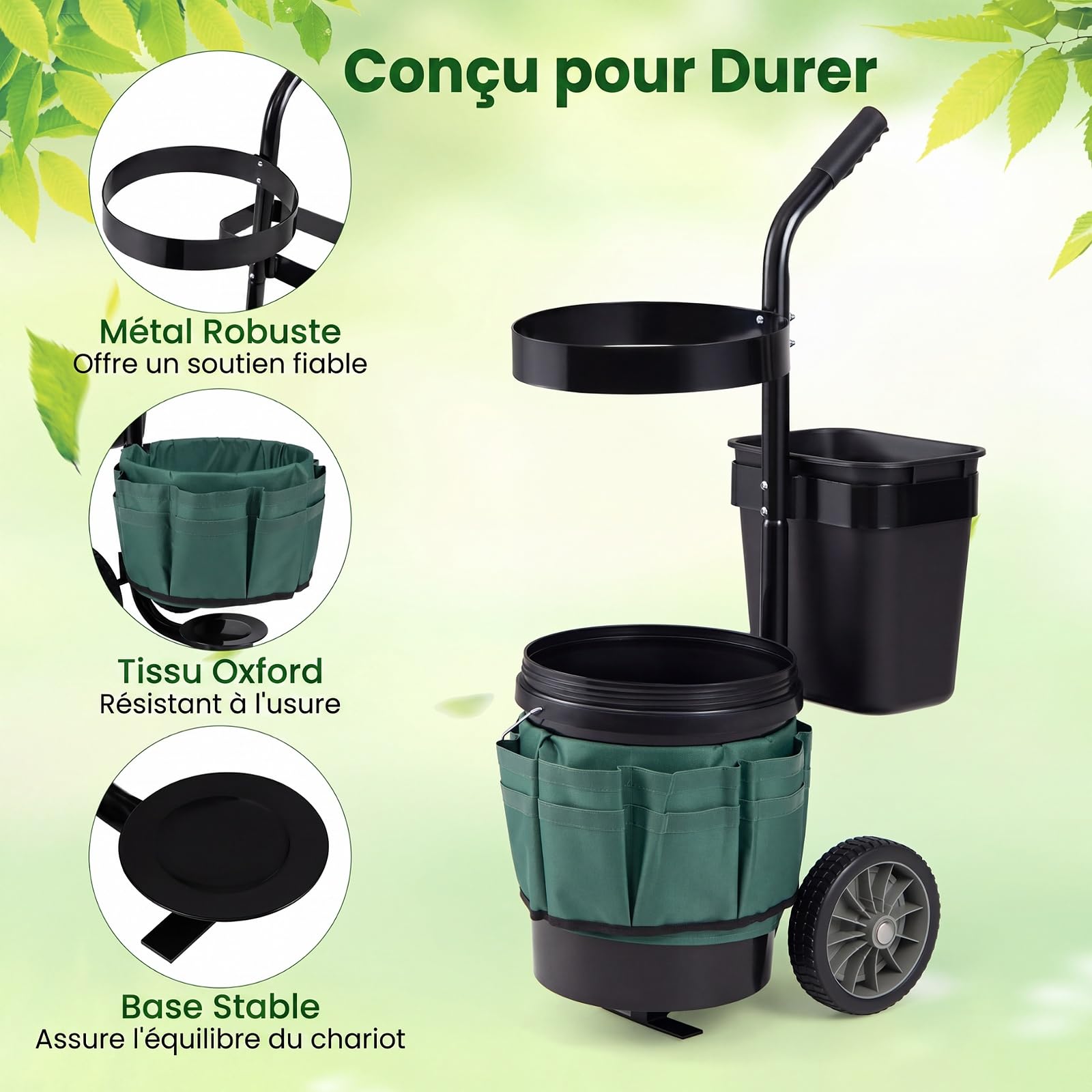 COSTWAY Chariot de Jardin à roulettes, Chariot d’Outils Mobile avec Seau 20L Bac 5L, Sac en Tissu Oxford Panier Rond, Organiseur de Transport pour Ranger Déchets Pelouse Outils Jardinage