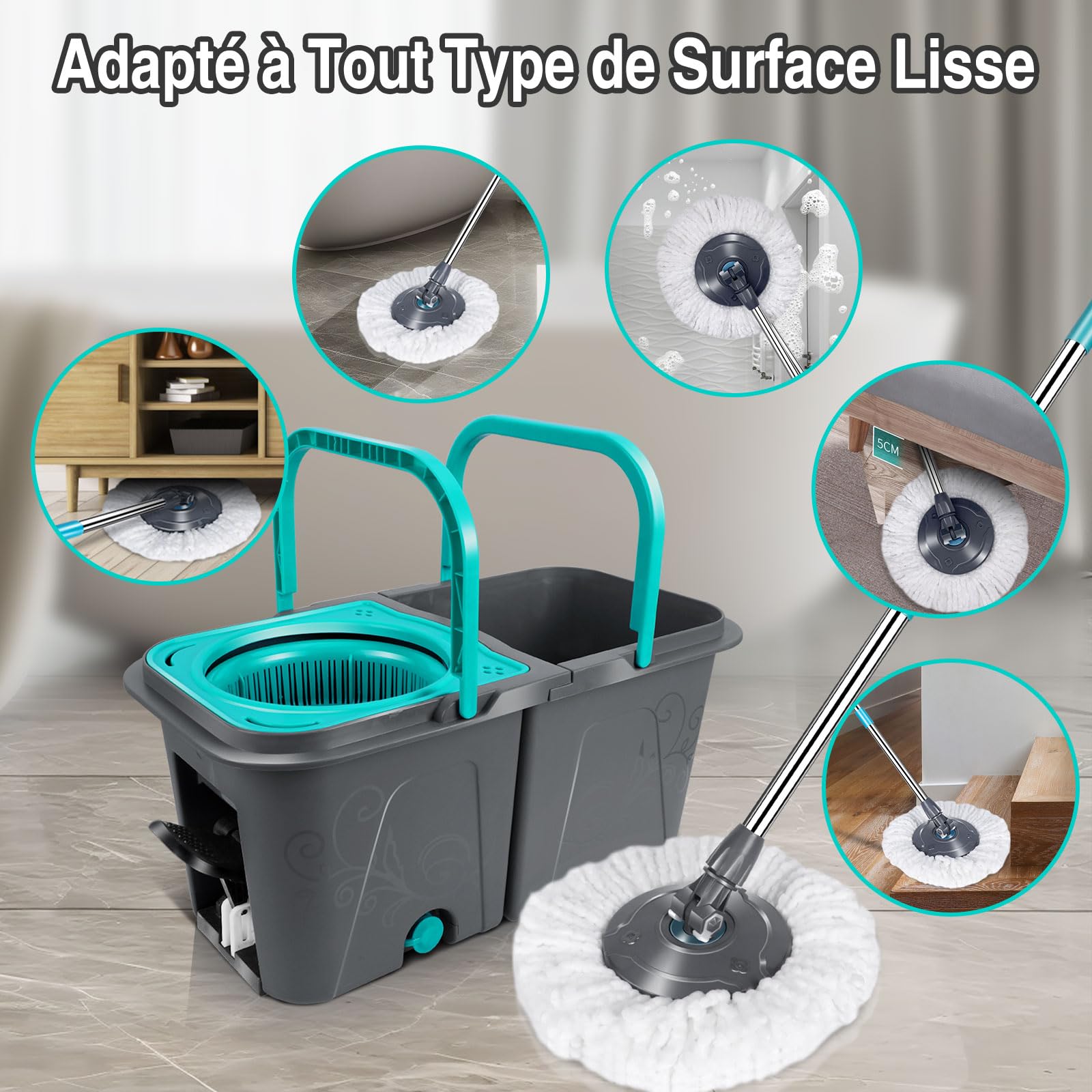 MASTERTOP Balai à Franges et Seau Essoreur à Pédale, Seau Empilable de 2 Bacs à l'eau Sale Séparée, Serpillière Rotative 360° avec Manche Téléscopique et 6 Tampons Microfibre