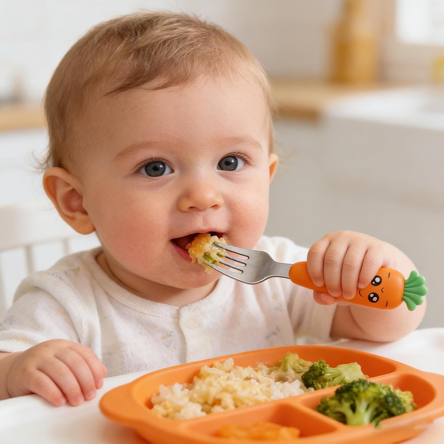 Kids Cutlery | Non-Slip, Carrot Shaped Short Handle - Stainless Steel Cutlery for Kids | for Girls Boys Nursery Kitchen Travel Eating Lunch Dinner