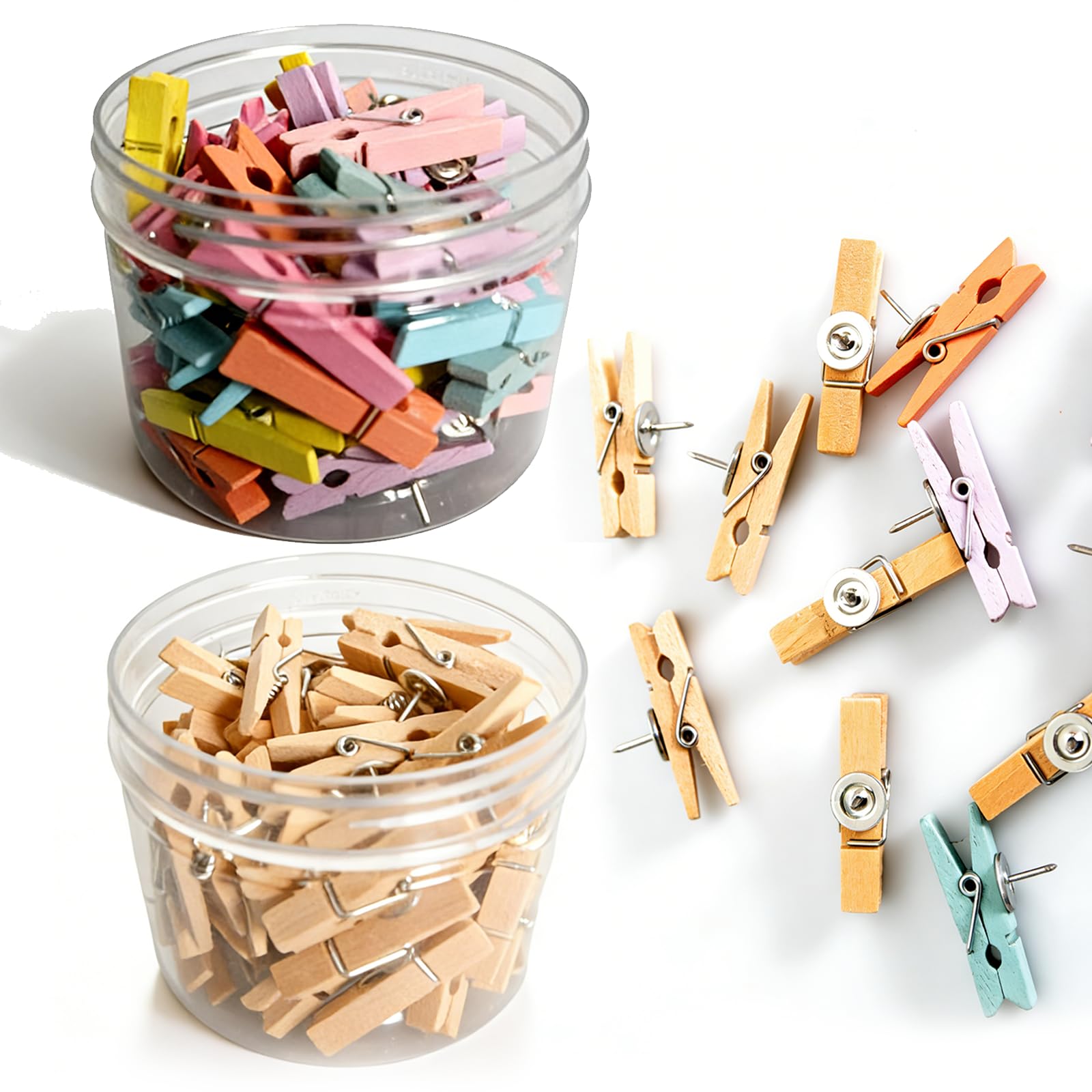 100 PCS Push Pins for Cork Board with Wooden Clips, Mini Wooden Pegs, Corkboard Pins, Thumbtacks for Wall Cork Boards, Paper Notes, Photos, Calendars, Decorative Crafts and Paintings