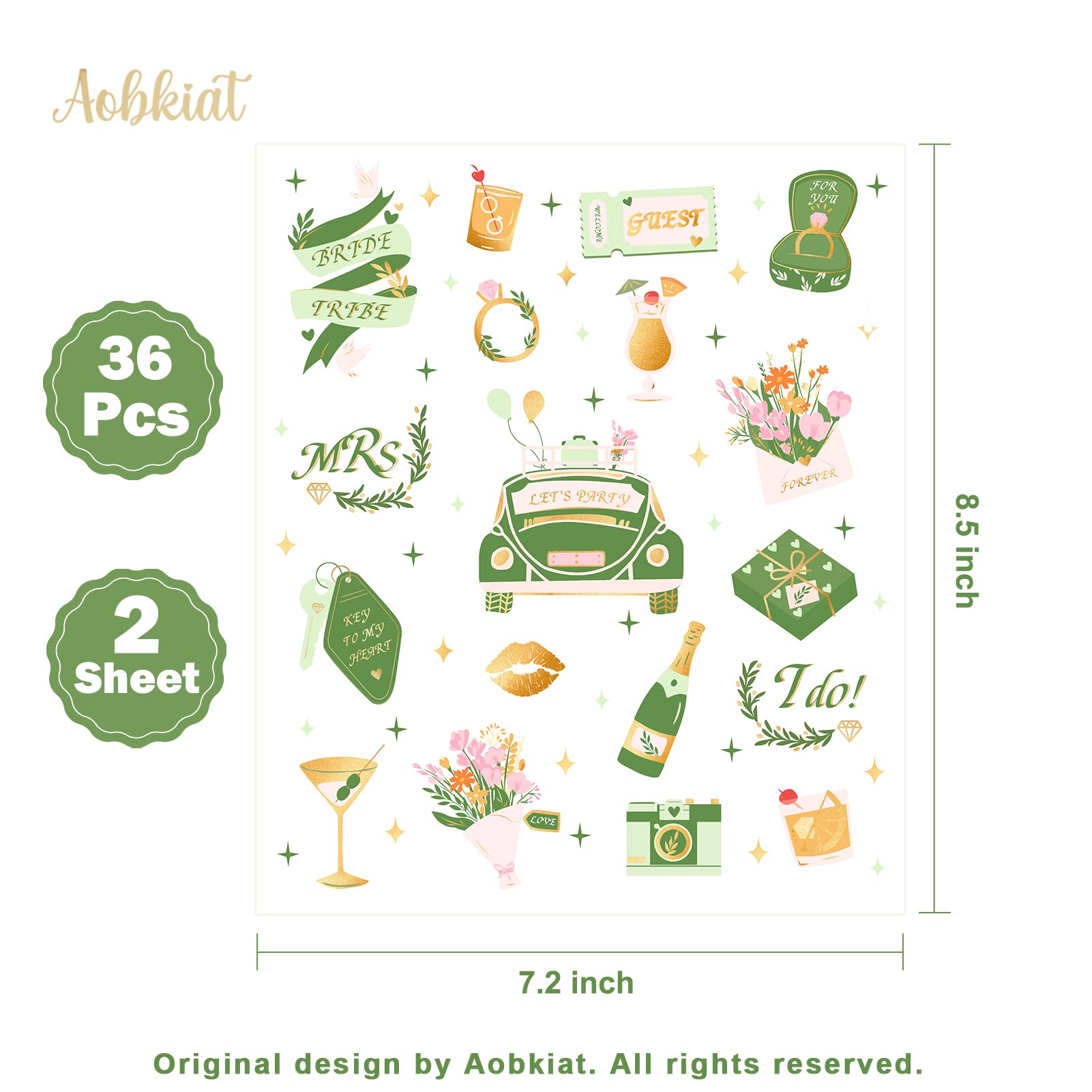 Condition photo showing Brand New for AOBKIAT Bachelorette Temporary Tattoos,Green Wedding Party Supplies-36 Pieces Olive Green Gold Foil Styles Tattoo Stickers for Bridesmaids Favor,Bridal Shower