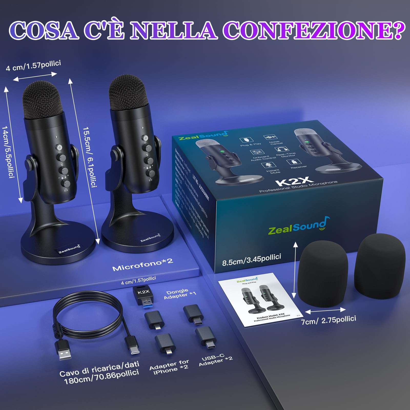 zealsound Microfono USB wireless 2 in 1 per interviste podcast, streaming dual-live, registrazioni, co-commenti di gioco, YuTuber, Dual 2.4 GHz, microfono wireless Plug & Play per PC, cellulare