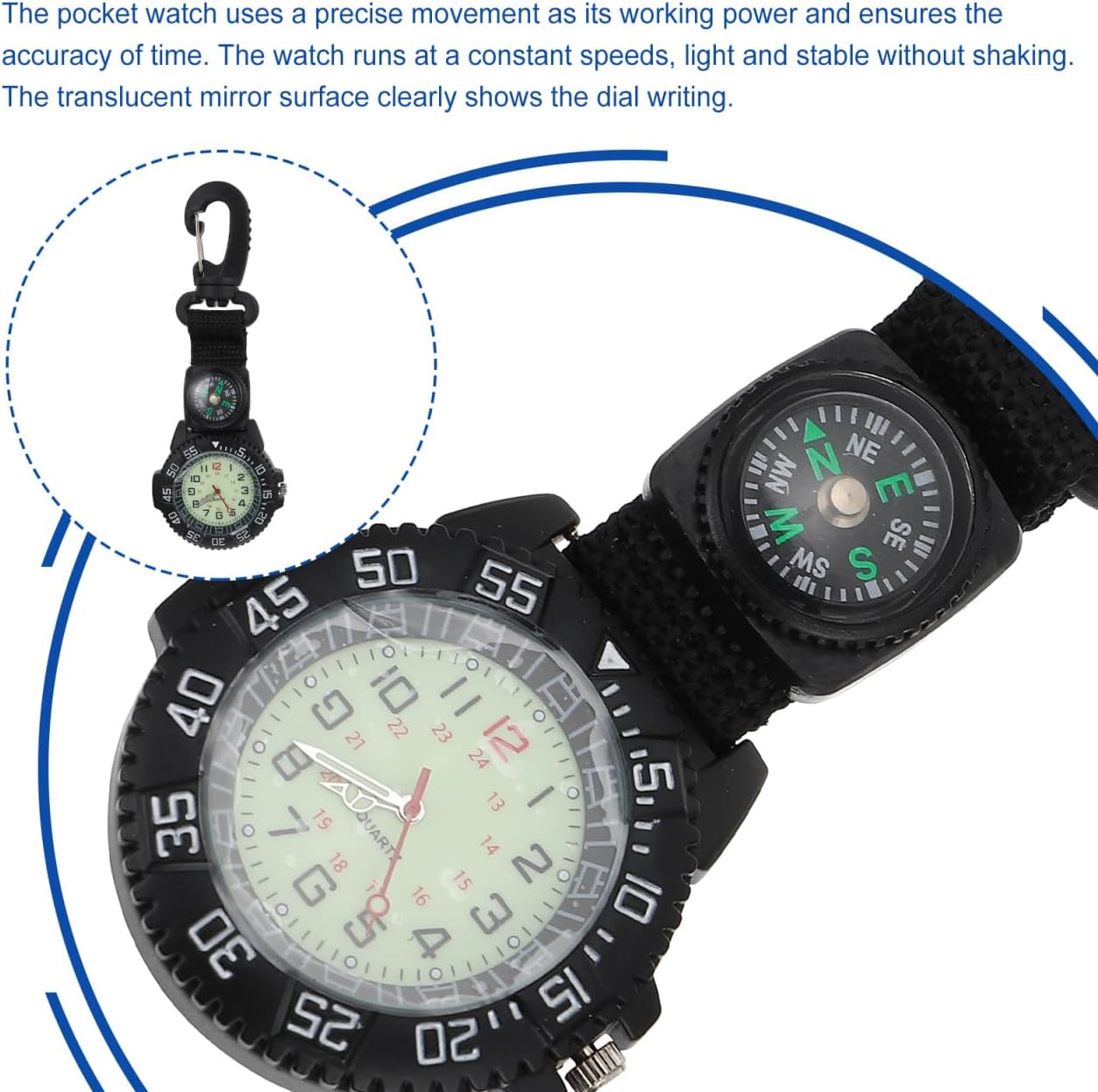 Hemobllo Carabiner Pocket Watch with Compass Outdoor Hanging Clip Watch for Hiking Backpackers Camping Sports 5.03X1.88X0.39In