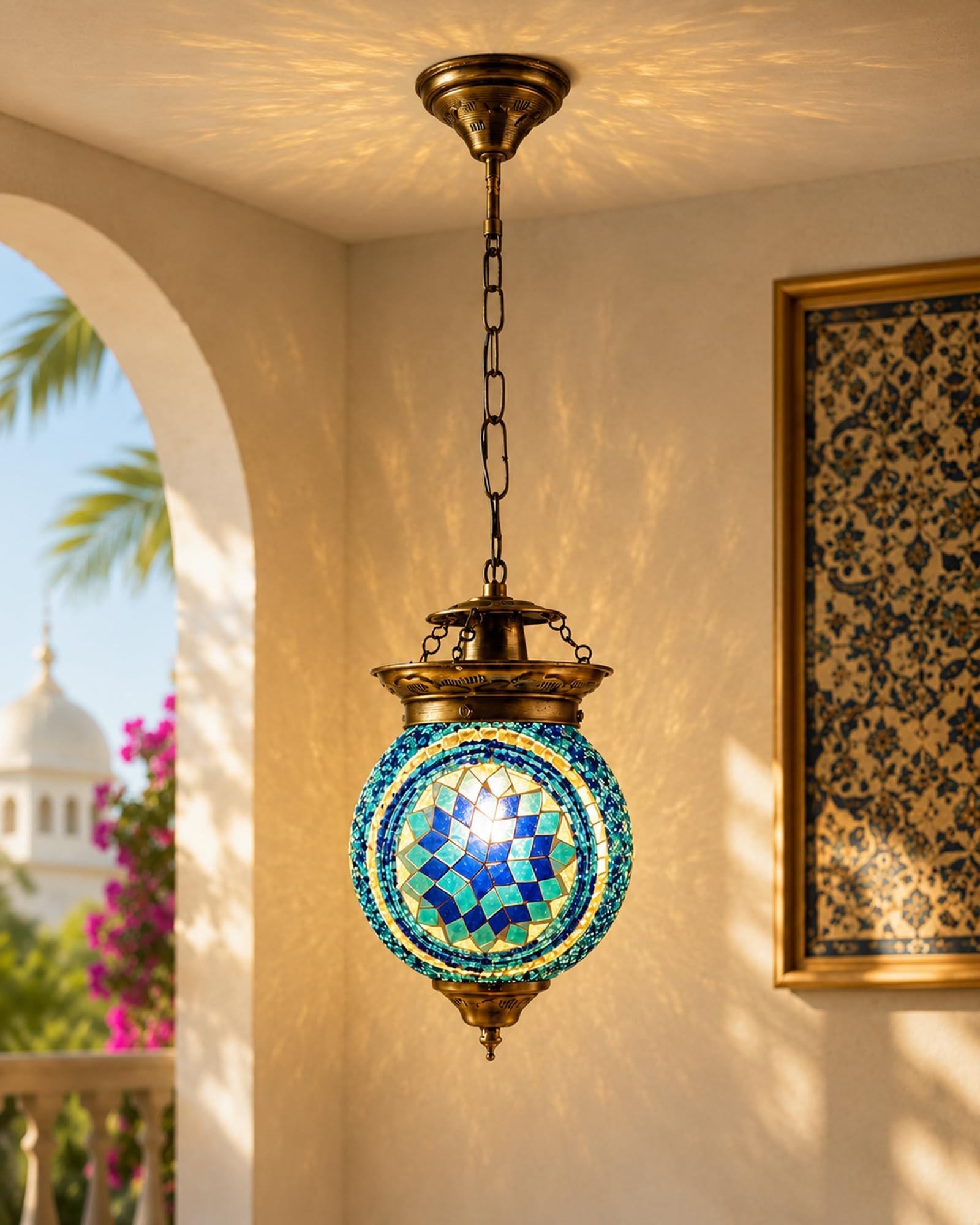 Homesake Turkish Moroccan Style Mosaic Hanging Lamp - Handmade Decorative Hanging Light, Pendant Light, Vintage Ceiling Fixture, Bohemian Home Decor, Stained Glass Lantern, Blue Mosaic Globe