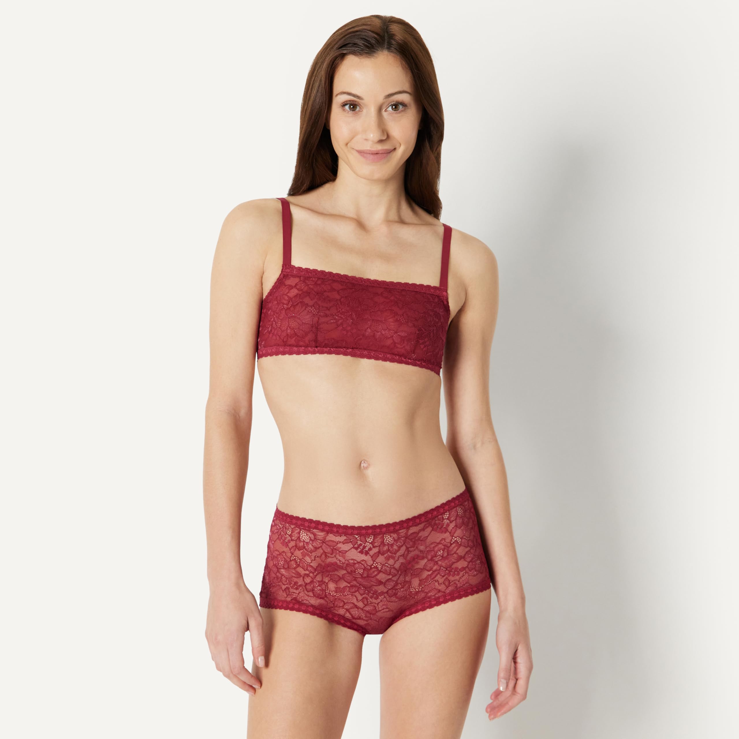 Amazon Essentials Women's Stretch All Over Lace Square Neck Bralette: Small Soft Petal / Burgundy