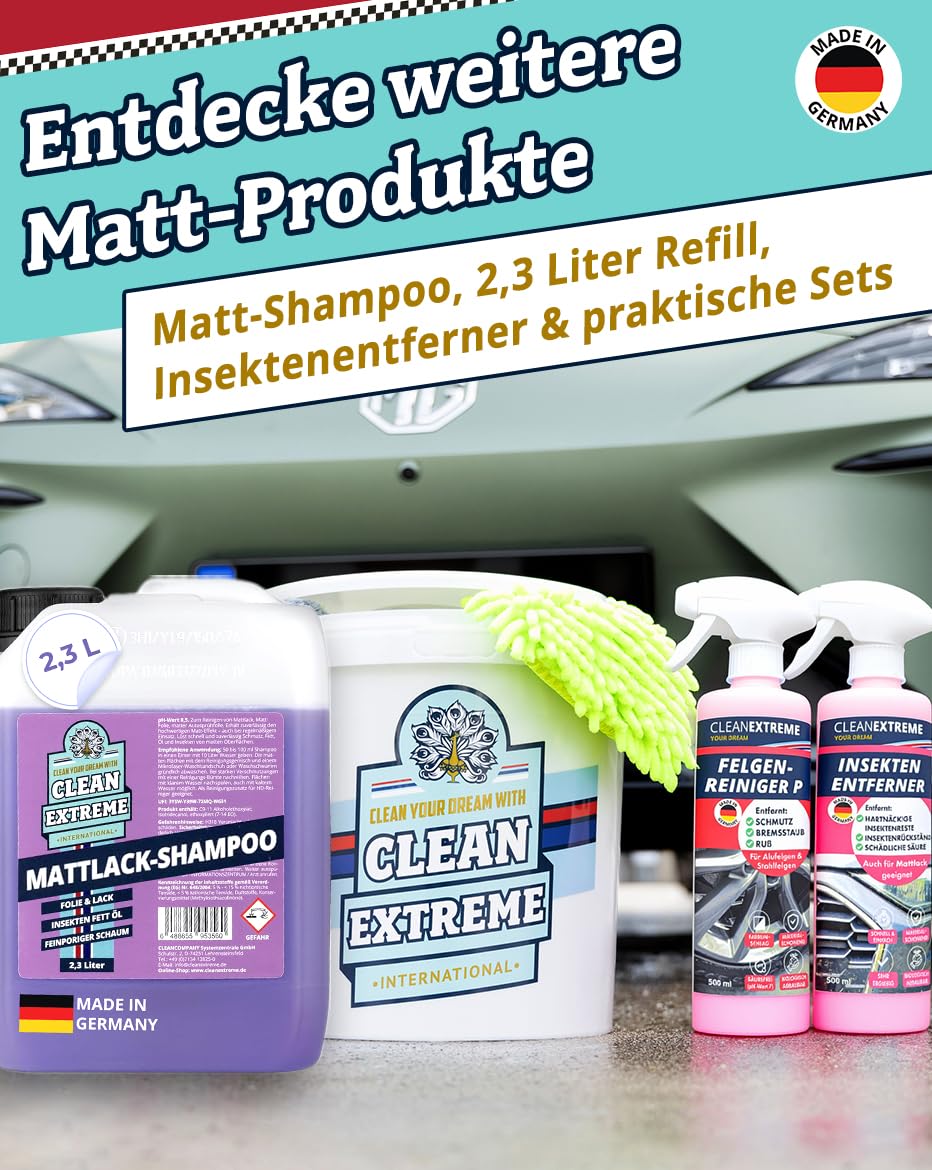 Auto Mattlack Reinigungs- & Pflege-Set Medium | 1L Shampoo Konzentrat, 500ml Mattlack Pflege mit Versiegelung (Detailer), 500 ml Matt Intensiv Reiniger + 2 Mikrofasertücher