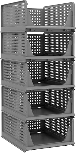 Pinkpum Paquete de 5 organizadores plegables de armario, cesta de plástico apilable para ropa, contenedor de almacenamiento de estantes para