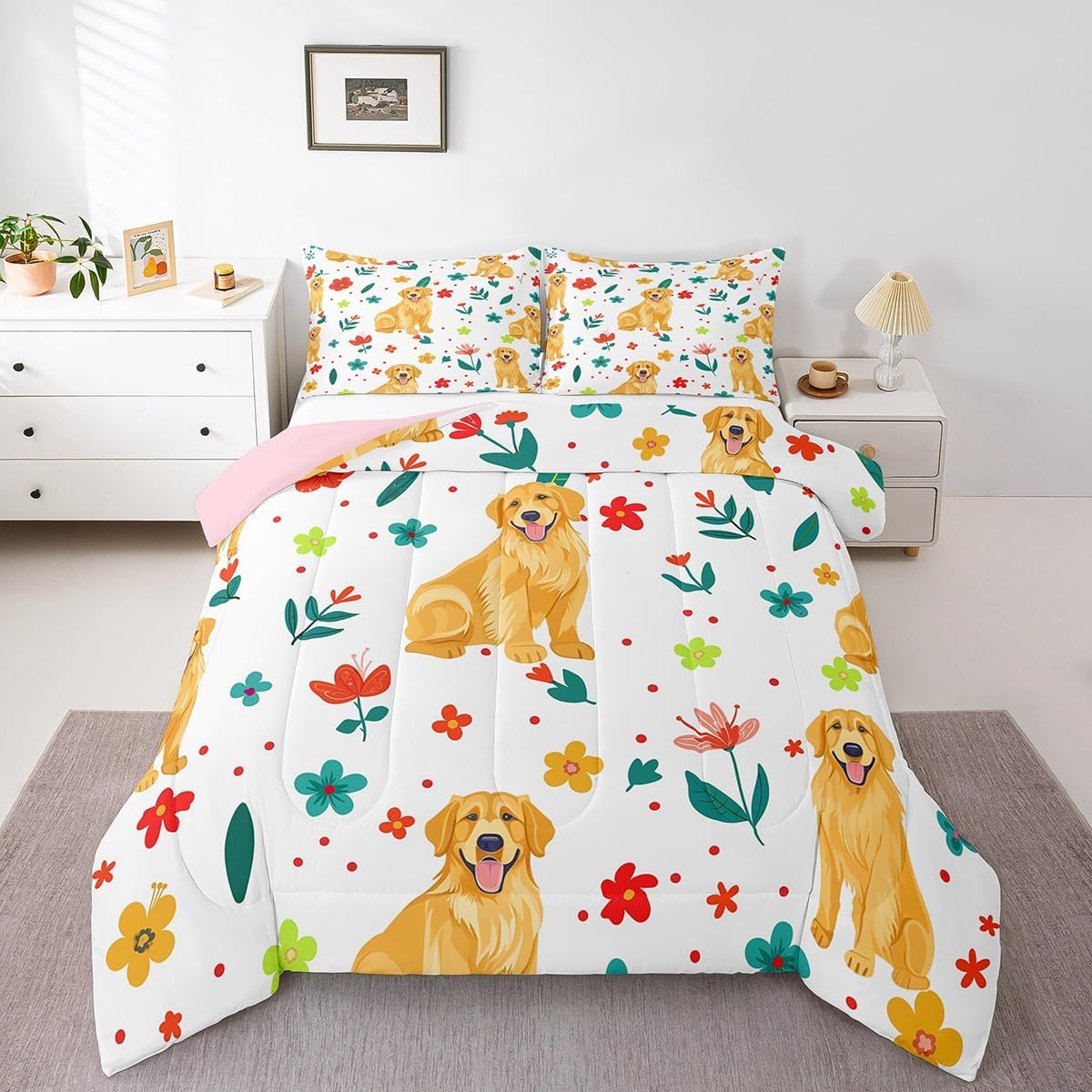 Erosebridal Kawaii Dog Comforter Set Twin Size for Girls Toddler Kids Colorful Flowers Botanical Leaf Bedding, Cute Golden Retriever Puppy Floral Print Comforter Cartoon Animal Quilt Duvet Set