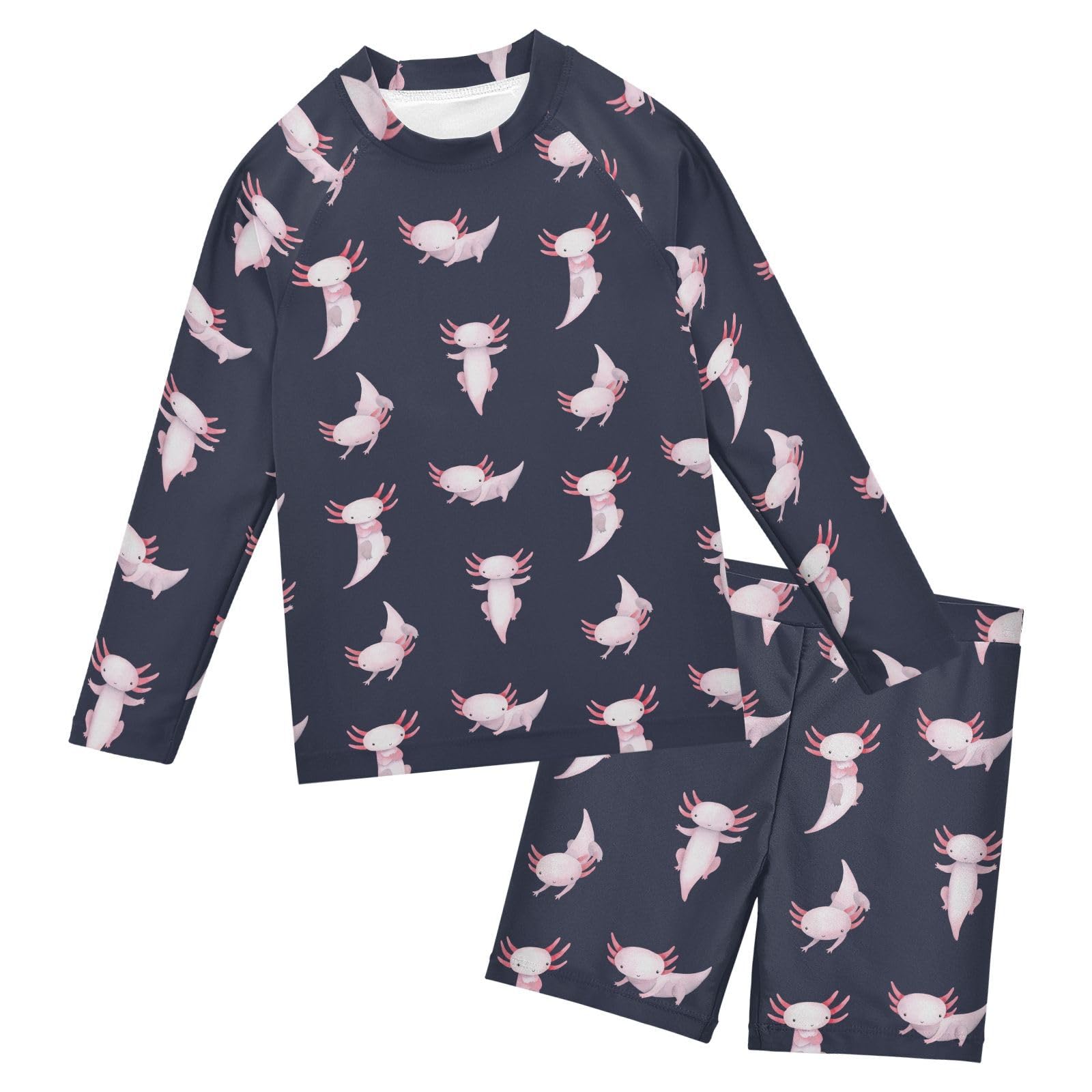 Aflyko Boys' Rash Guard Set Cute Pinks Axolotl Fun SPF 50+ Sun Protection 2 Piece Swimsuit