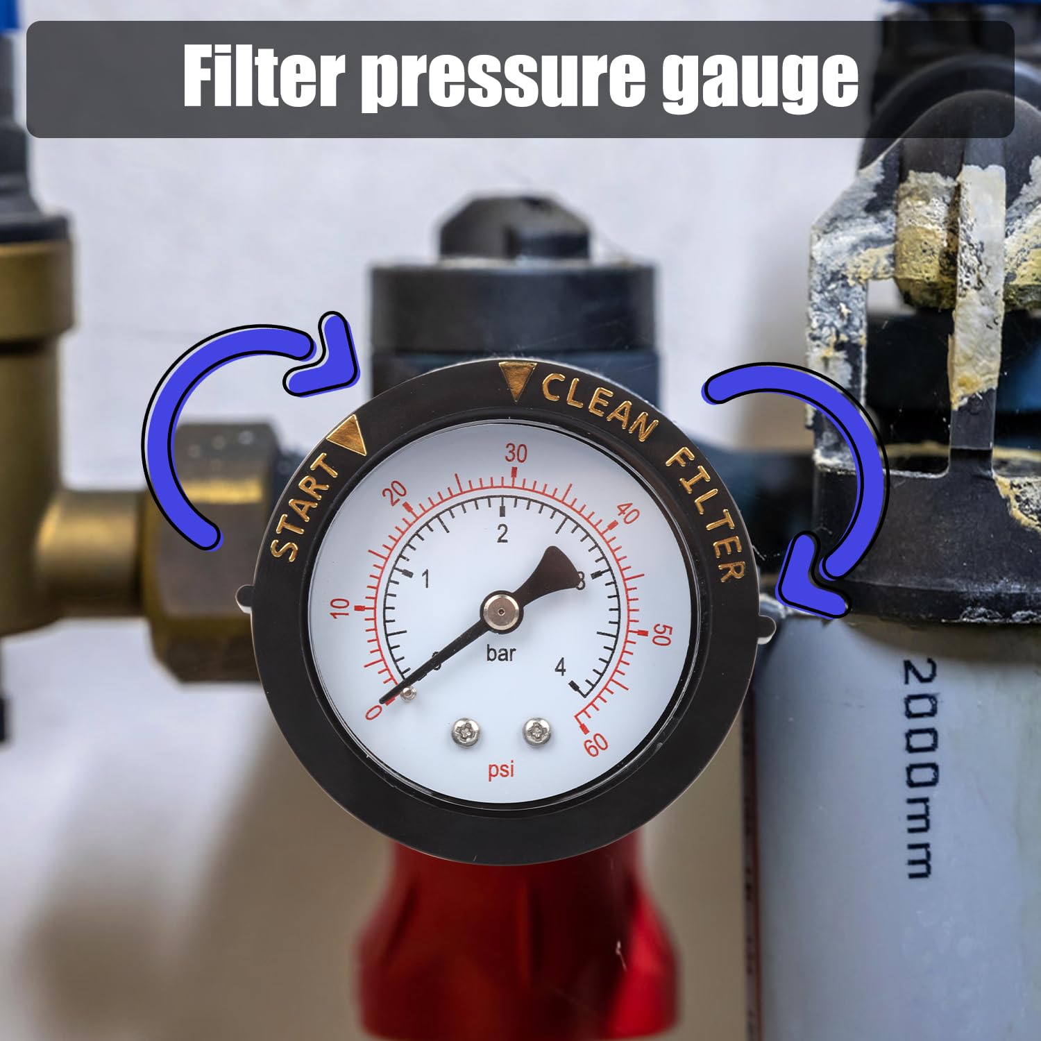 Manomètre de Filtre Piscine 0-60PSI avec Ruban d'Étanchéité, 1/4 NPT Montage Arrière Manomètre de Pression d'Eau Indicateur de Filtre Propre pour Piscines Pompes Spa Aquarium Test de Pression
