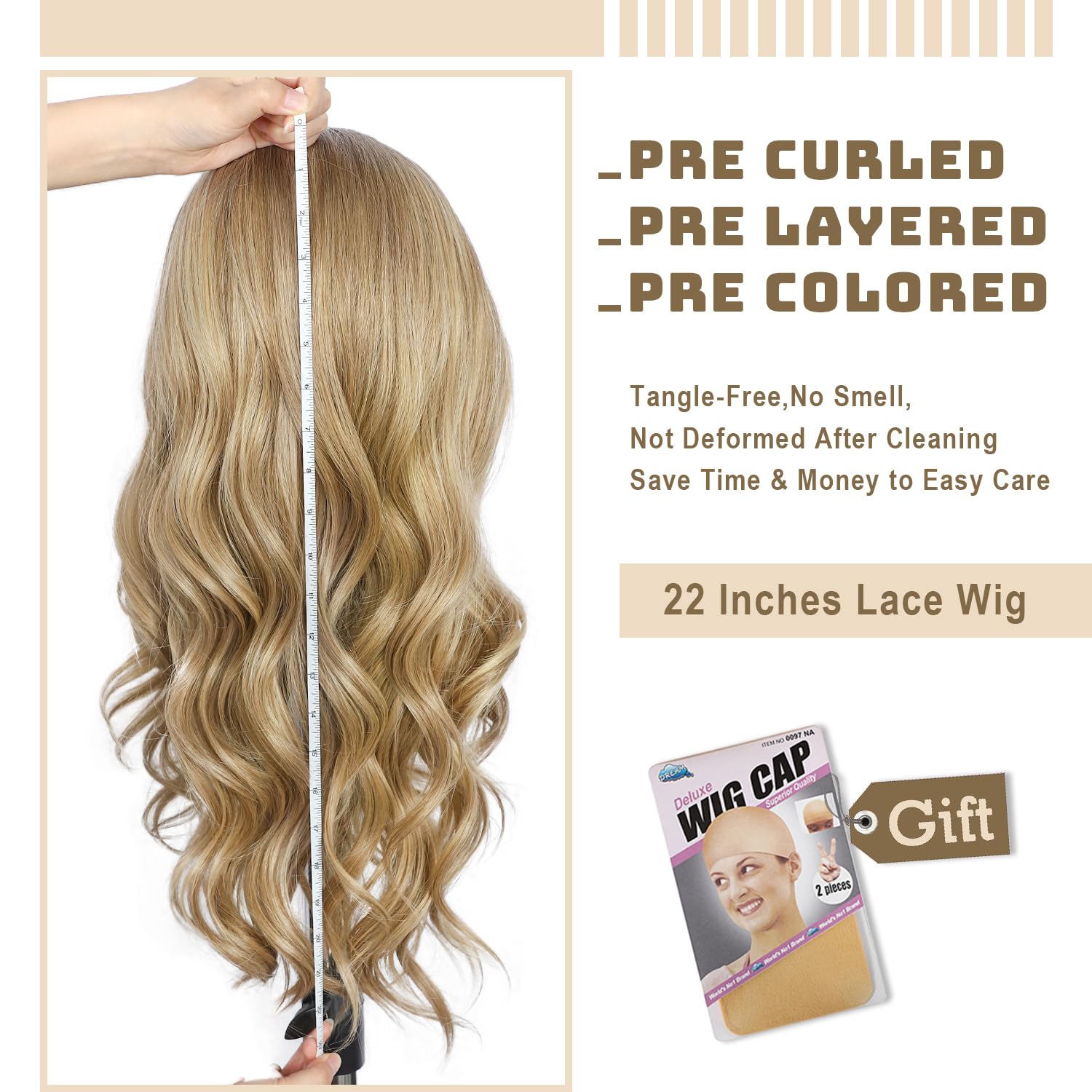Dirty Blonde Lace Front Wig 13x4 Pre Plucked Synthetic Wigs for Women Highlight Omber Blonde Body Wave Heat Resistant Hair 22 Inch for Cosplay Daily Party Use
