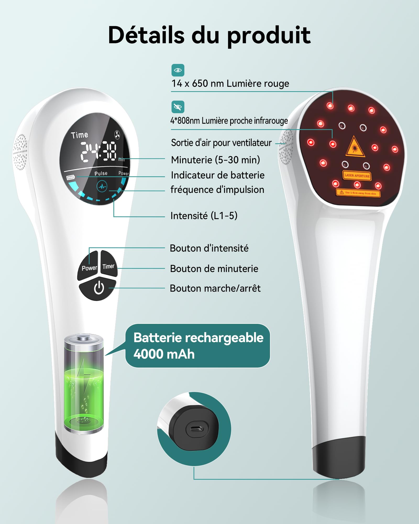 Kaltes Rotlicht Handgerät Wiederaufladbar 4000mAh Akku 808nm 650nm Rotlichtgerät 5 Modi 6 Timer