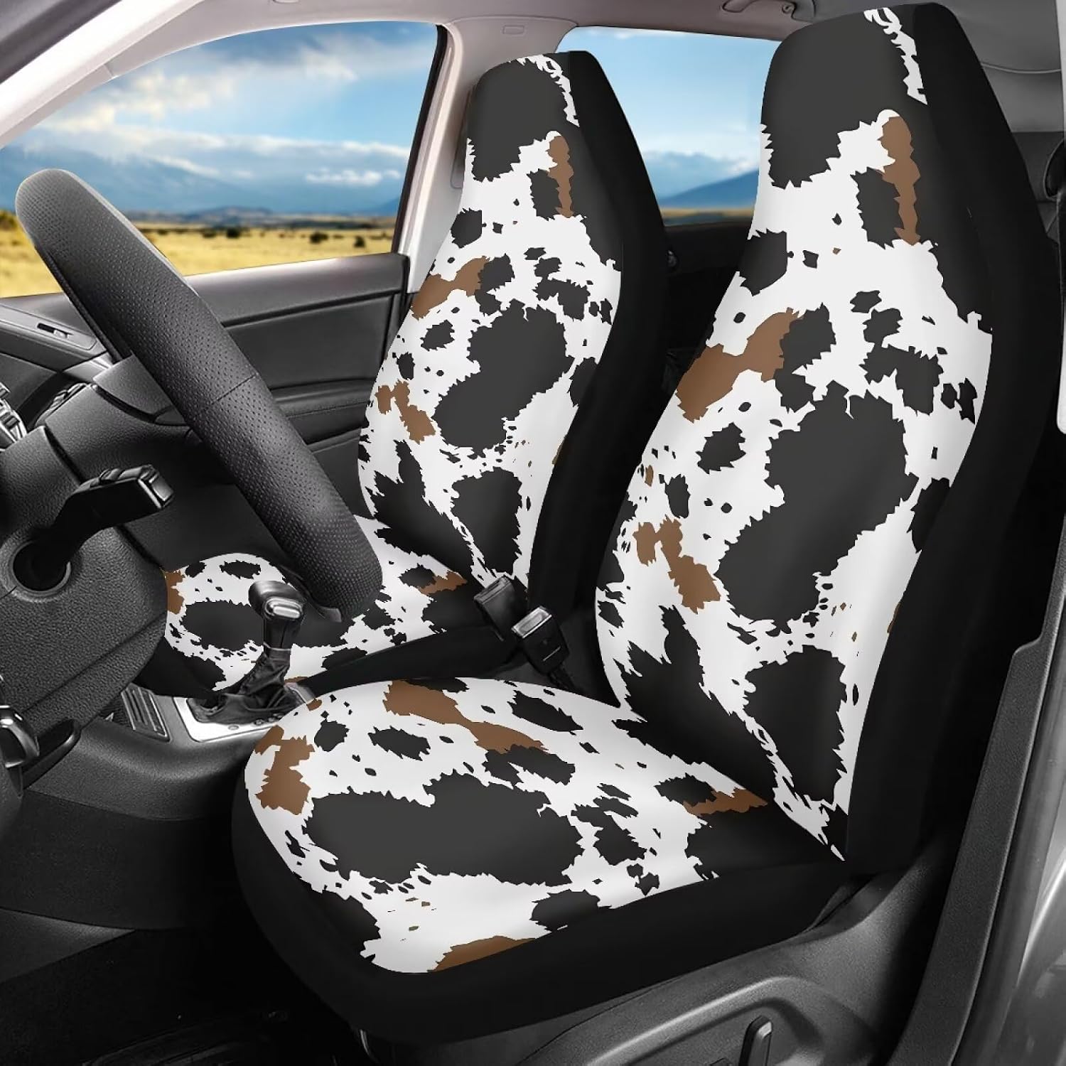 Black Cow Print Car Front Seat Covers Set of 2 Soft Anti Slip Front Seat Protector Cover Breathable Car Interior Accessories Comfortable Universal Size Fit for Most Cars SUV