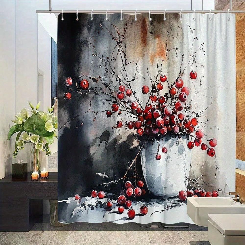 Jagodowa martwa natura zasłona prysznicowa, biały ceramiczny wazon, delikatne pędzle akwarelowe, z haczykami (300 x 190 cm, wodoodporna)