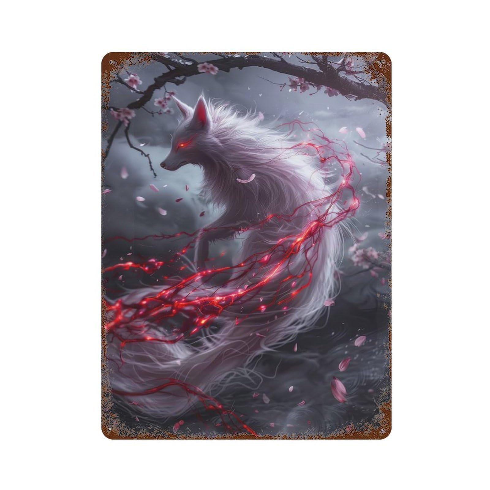 White Kitsune Fox Vintage Metal Tin Sign 15.7"x11.8", Farmhouse Wall Decor for Garage, Bar And Workshop Decor
