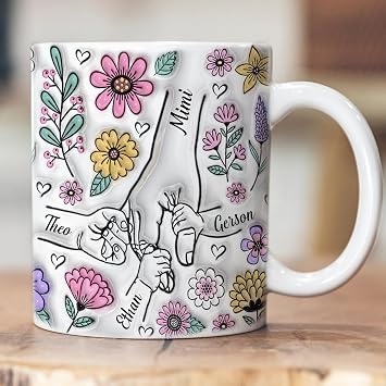 Personalized Mama Mug, Custom Holding Mama's Hand with Kids name, Christmas Mothers day Mug Gifts for Mom, Grandma, Mimi, Nana, Personalized Coffee Cups for Mom