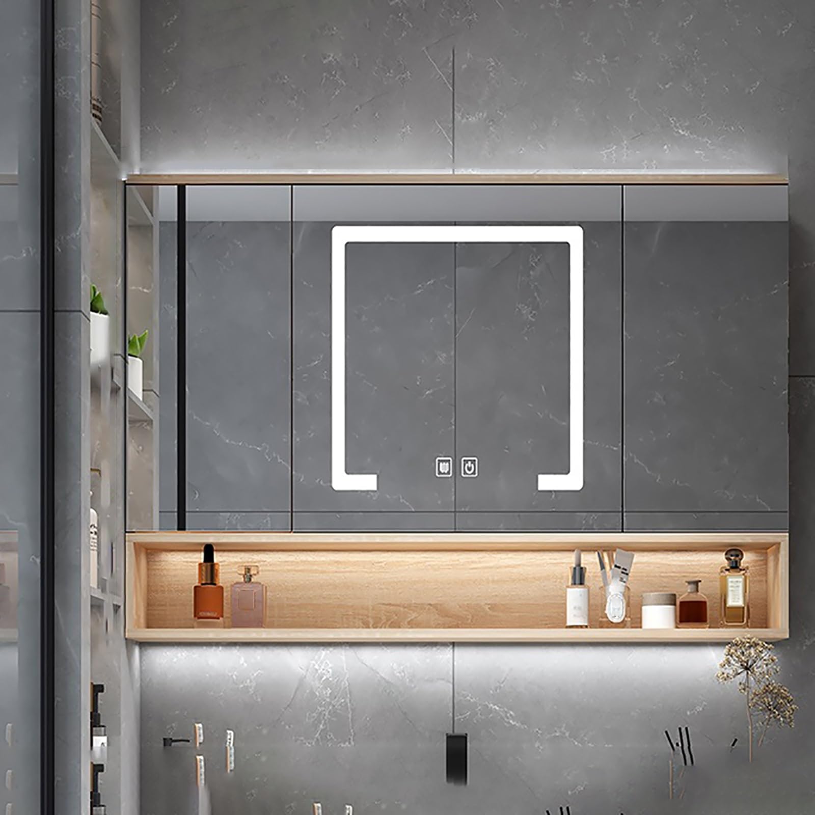BKSXSOP Wall-Mounted Medicine Cabinet with LED Lights, Double Doors, Anti-Fog Mirror, Wooden Bathroom Storage, 39.3in Triple Shelf nizer for Efficient Space Management