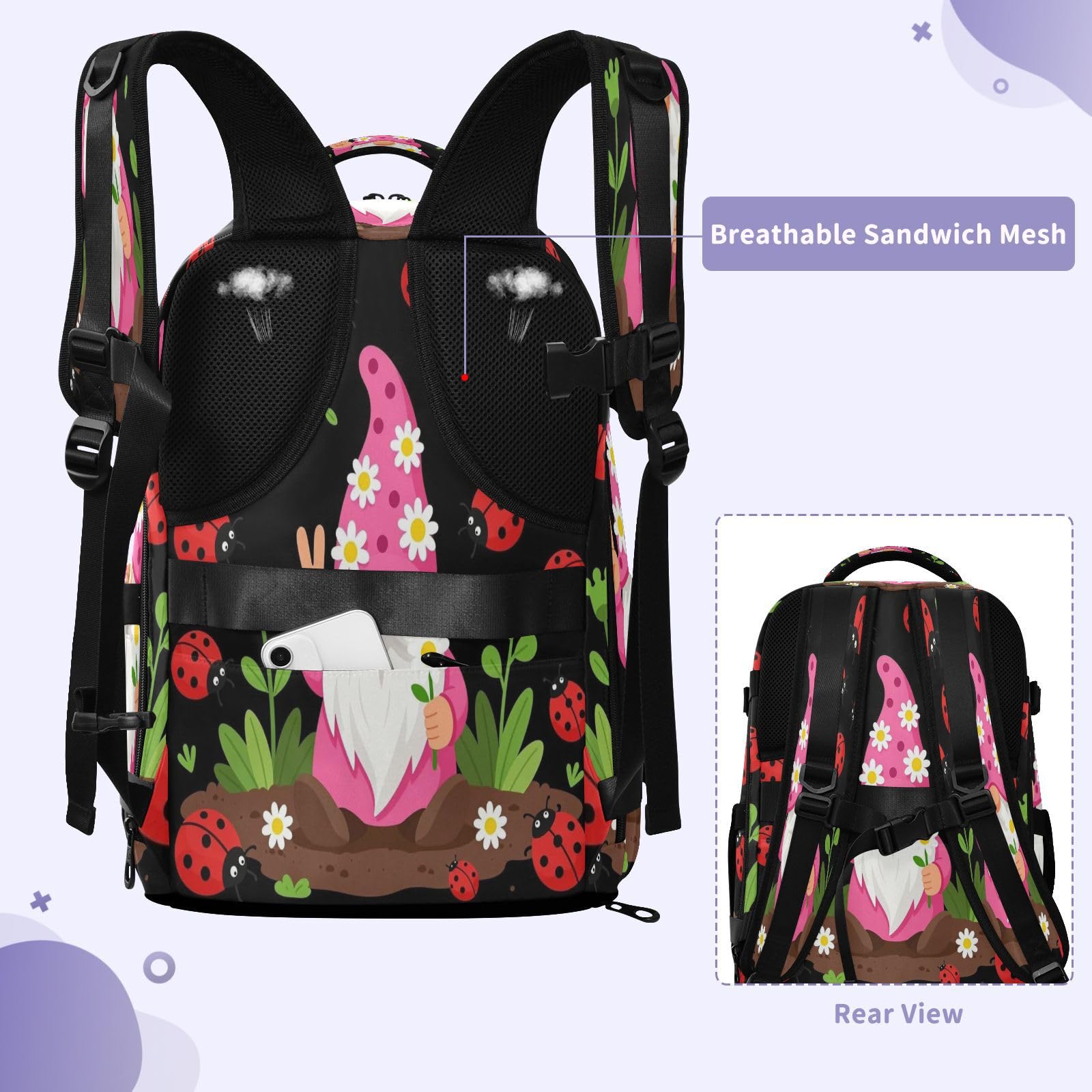 Mały plecak podróżny niezbędnik do samolotów 20 l | Lekka torba na laptopa Peace Love Gnome Lady Bugs Travel Essentials dla kobiet praca bolso para laptop 20L