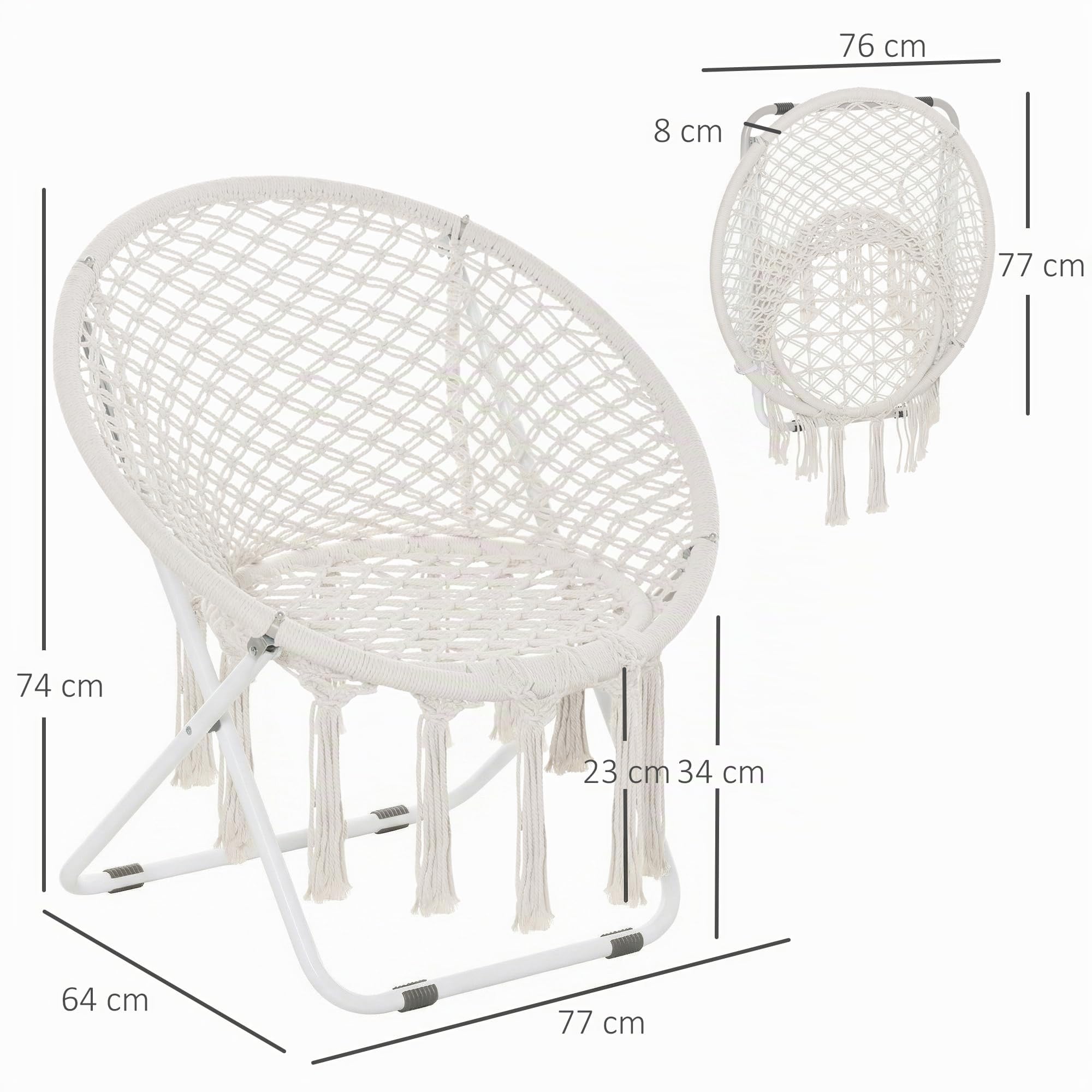 Outsunny Silla Papasan Redonda de jardín Plegable Macrame Beige | Sillón luna, gran comodidad, algodón poliéster, para balcón, exterior