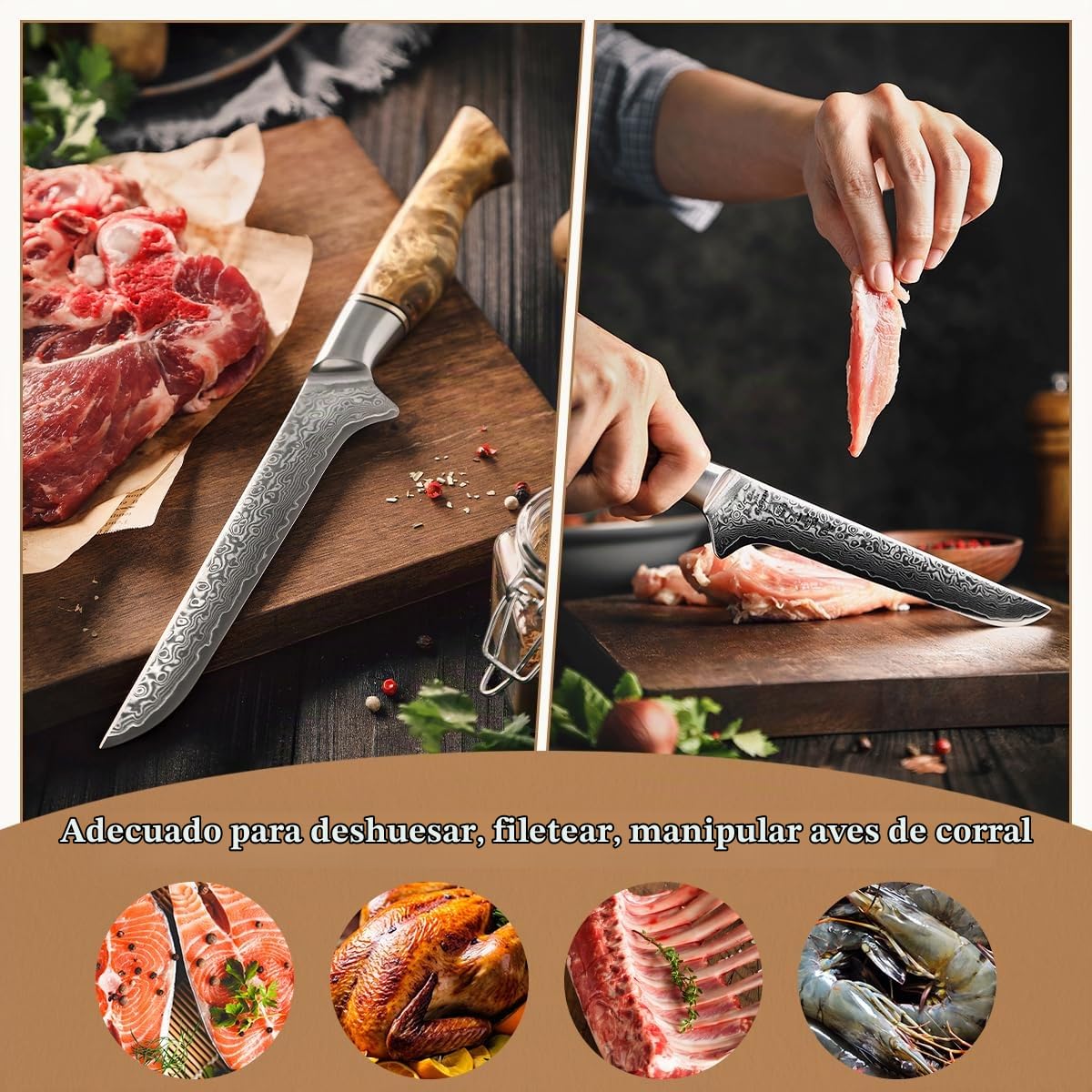 HEZHEN Damasco Cuchillo de Filete, Cuchillo para Pescado Profesional, Cuchillos de Deshuesar Damasco