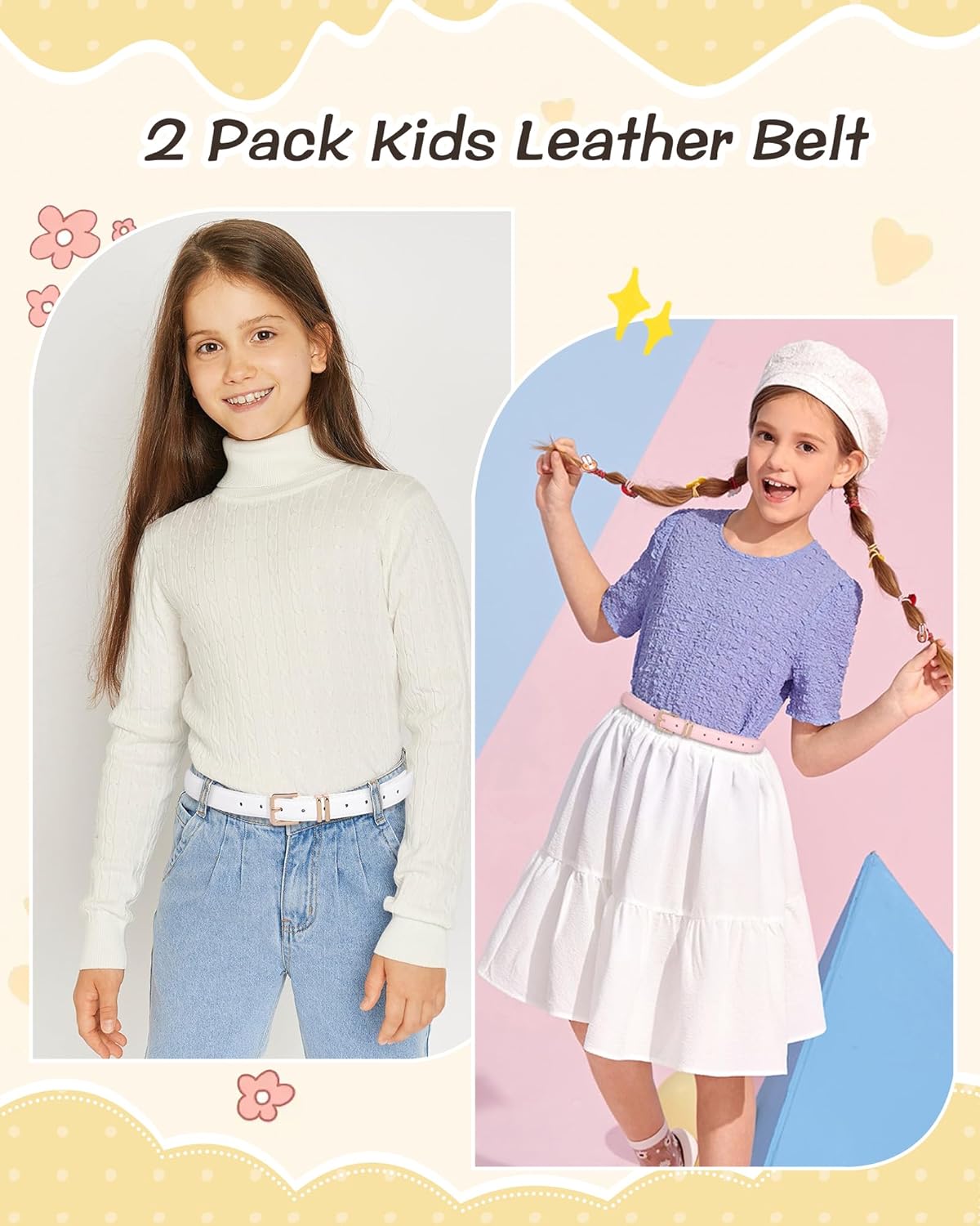 AWAYTR 2 Pack Girls Leather Belt for Kids Jeans with Gold Square Buckle - Image 4