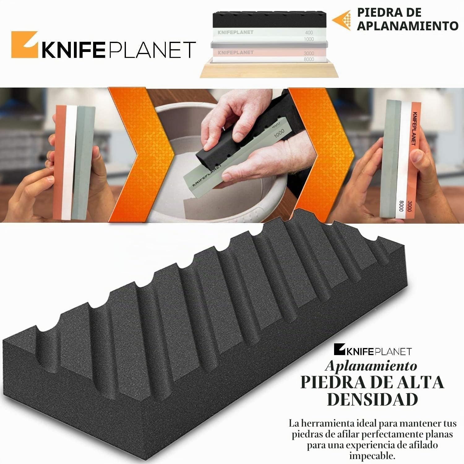 KNIFEPLANET afilado de cuchillos de piedra conjunto 400/1000 y 3000/8000-grit profesional, seguro afilador de cuchillos conjunto whetstone juego incluye aplanamiento de piedra