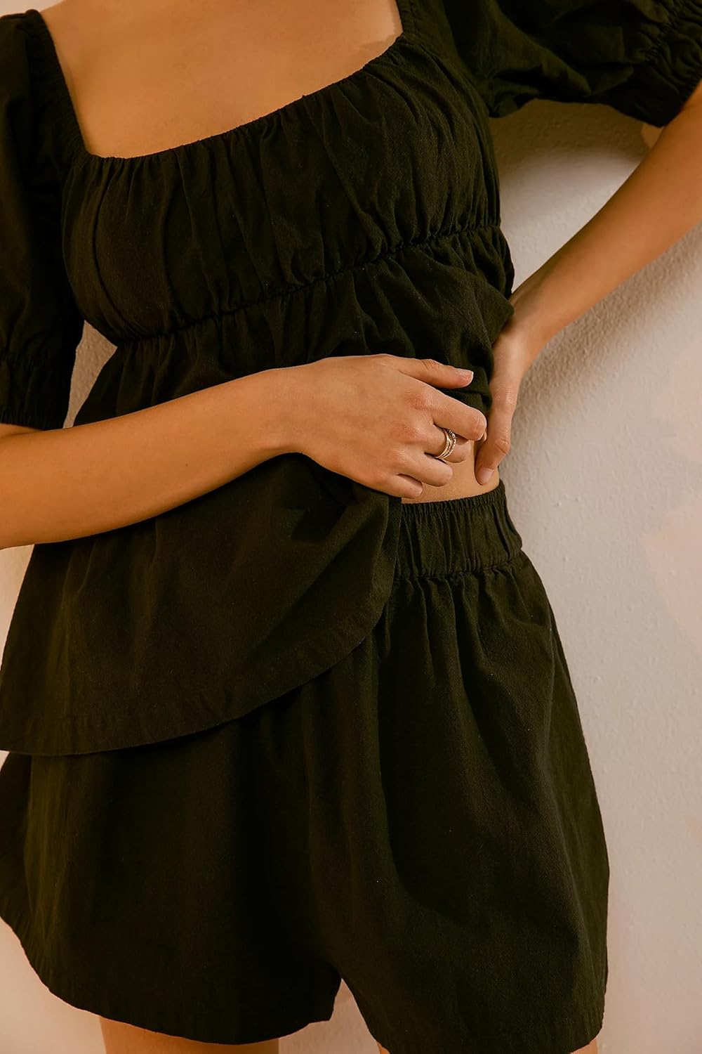 Womens 2 Piece Suit Red Bodysuit Square Neck Puff Sleeve Tie Bow Back Babydoll Tops Summer Beach Casual Shorts Set