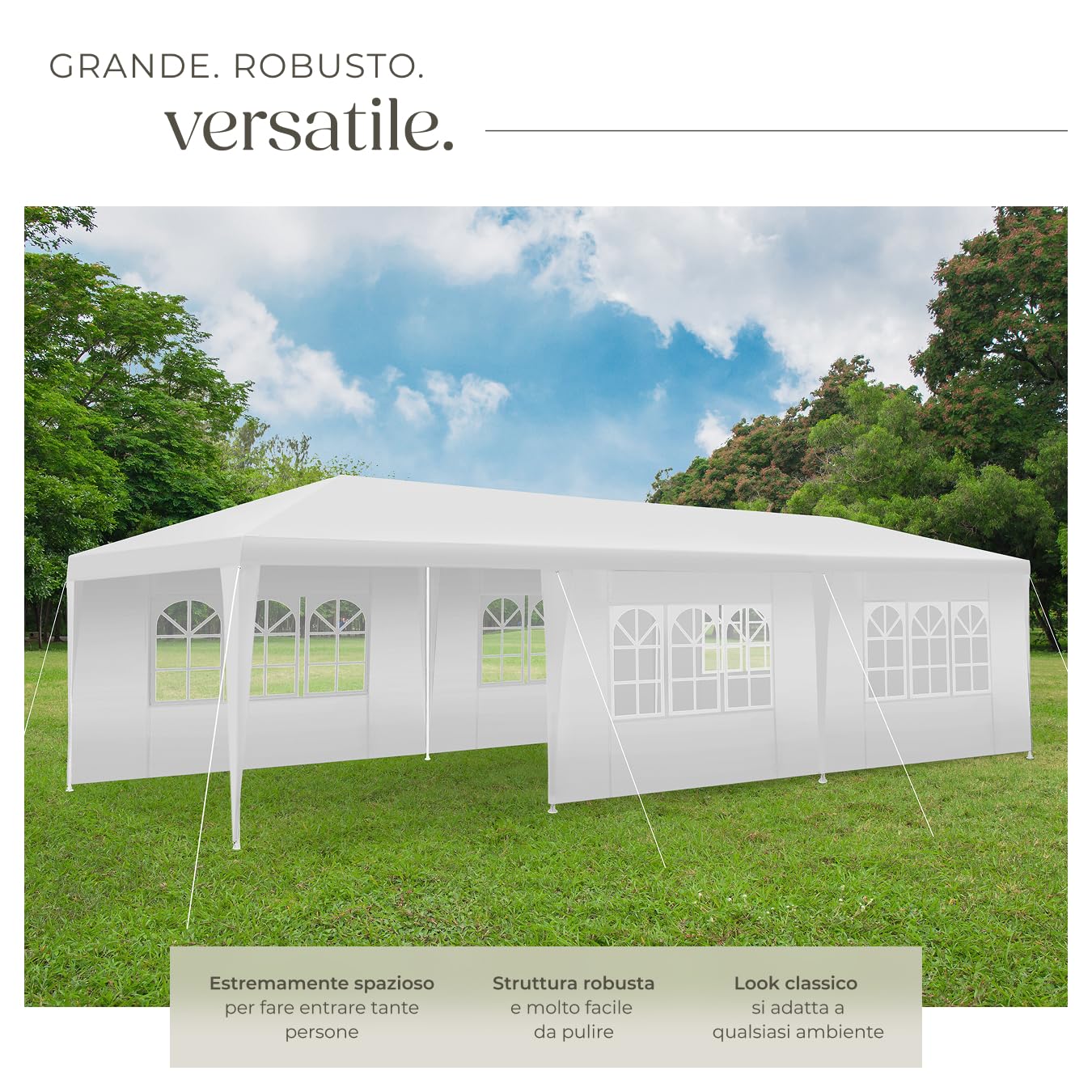 tectake® Gazebo Esterno Resistente 9x3 m, Impermeabile, con 8 Pareti Laterali Rimovibili, Protezione UV, Telaio in Acciaio, Tendone per Feste, Matrimoni, Campeggio, Gazebi Terrazzo Esterno - Bianco