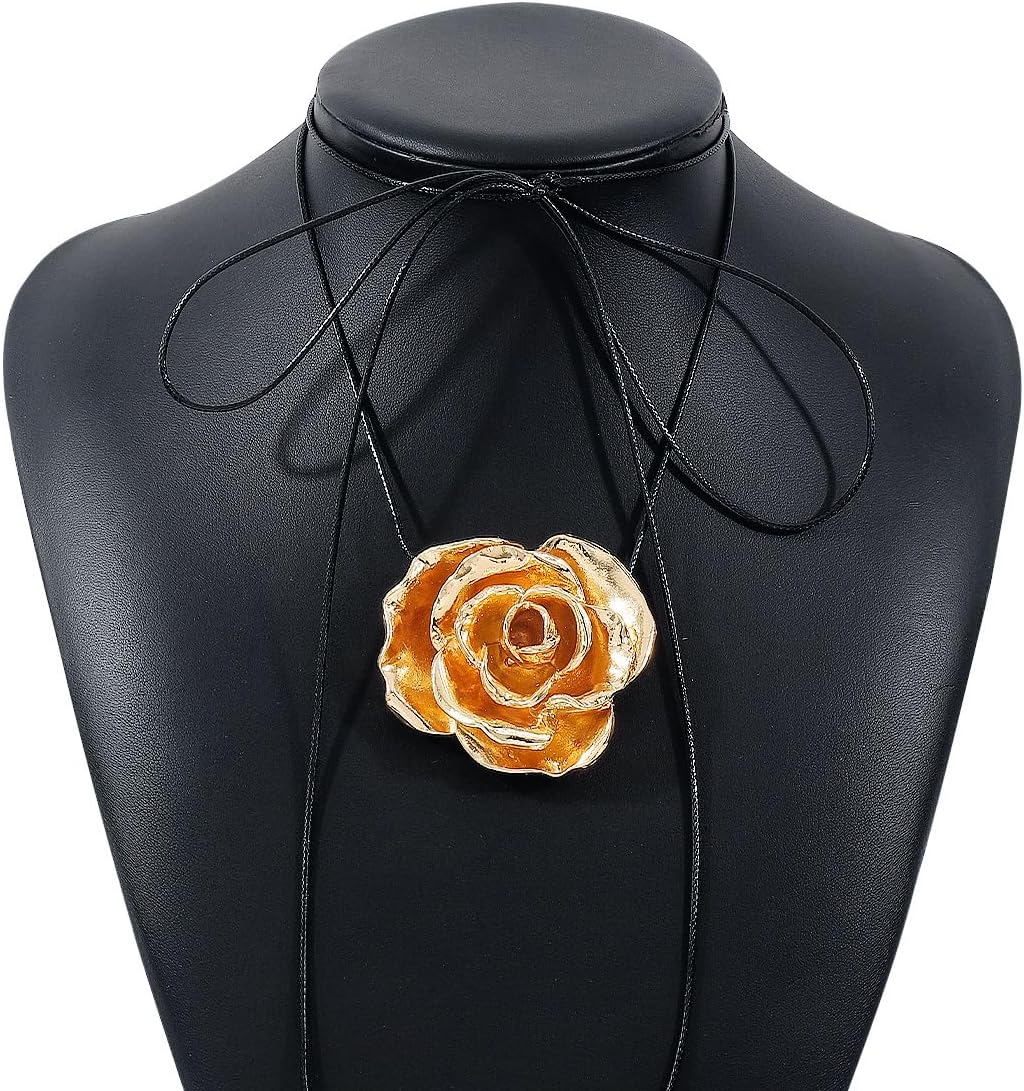 Bohemian Leather Collar Bib Necklace Leather Collar Tie with Metal Flower Statement Necklace Gold Silver Metal Flowers Long Wrap Collar Choker Vintage Metal Flower Necklace for Women