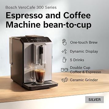 Bosch Fully Automatic Coffee and Espresso Machine - One-Touch Drinks, Barista Style, Double Cup Super Coffee Maker - Large Bean Capacity - Easy Clean, Maintenance - Silver- TIU20307
