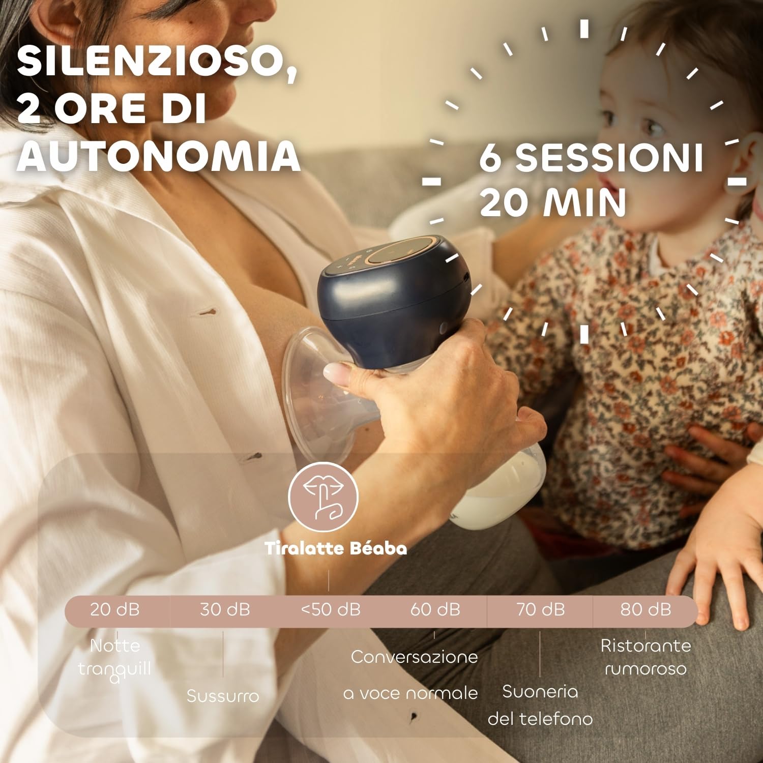 BÉABA, Tiralatte elettrico indossabile, Nomade e Leggero, 3 Modalità, 9 Livelli, Silenzioso, Grande capacità 180mL, Luce notturna, Timer, Funzione memoria, 6 sessioni, Ricarica USB C, Blu notte