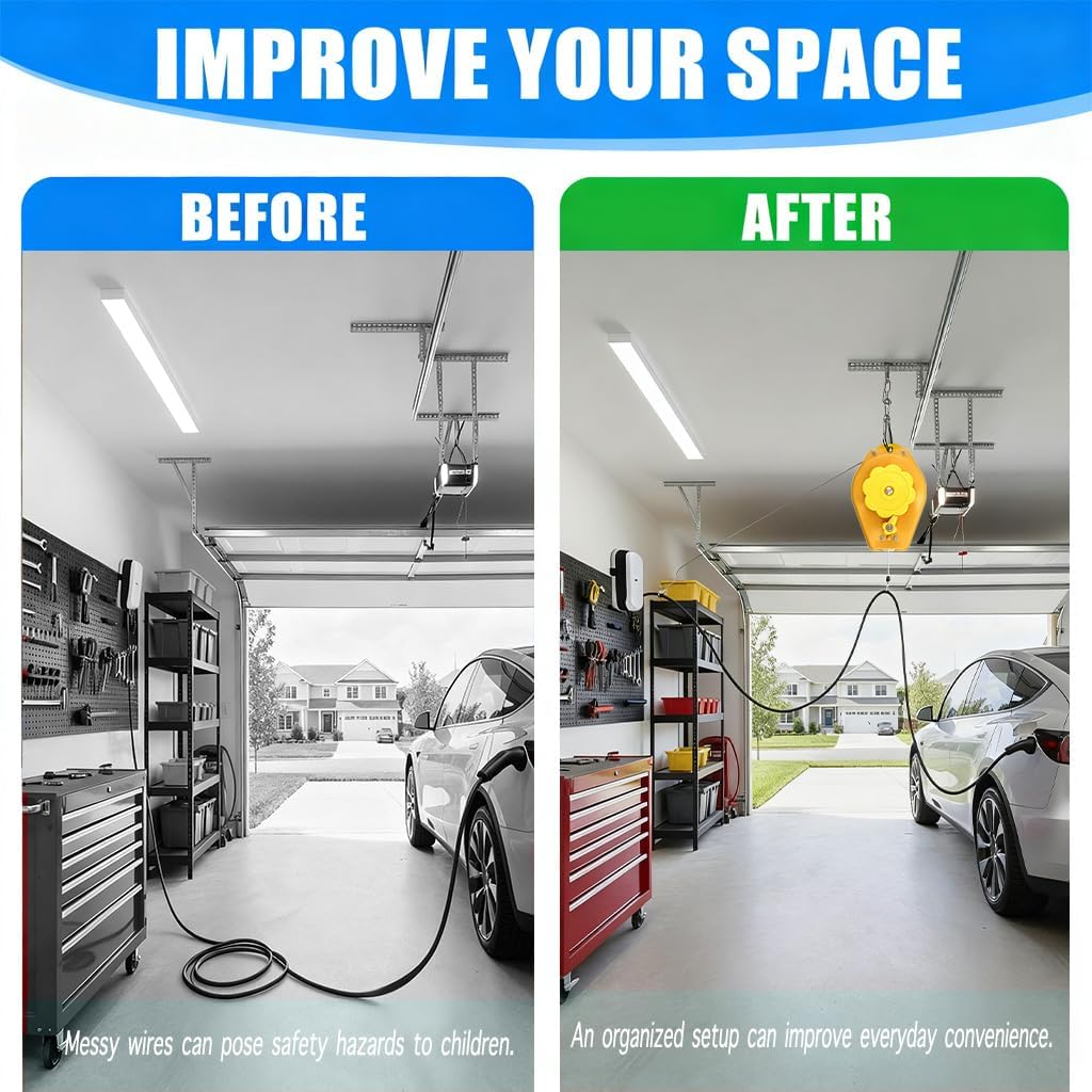 EV Charger Cable Retractor – Automatic Retractable Cable Organizer for Tesla and Other EVs, Ceiling & Wall Mount, Heavy Duty 11lb Load Capacity, Garage EV Charging Cable Management System