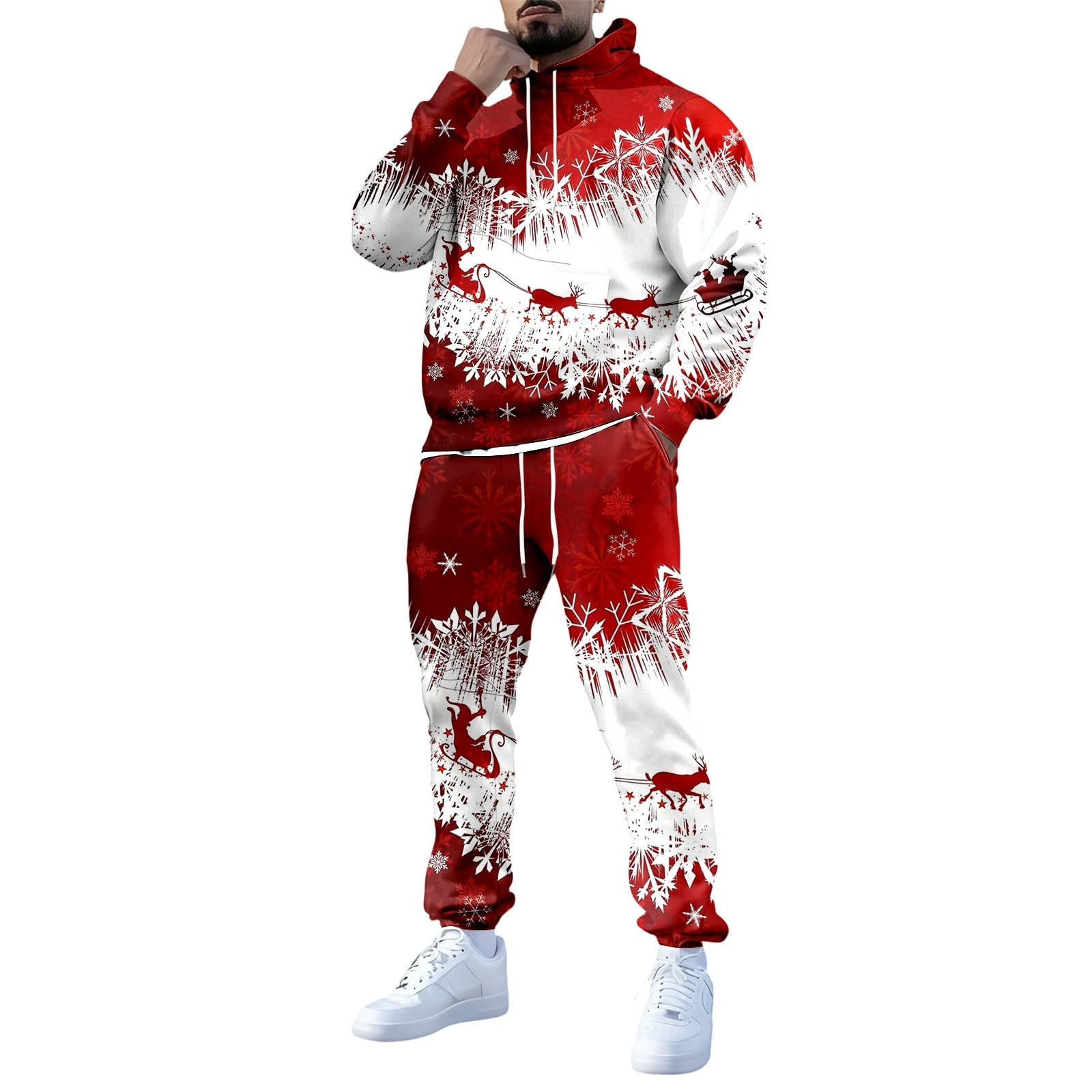 Generisch Weihnachts Jogginganzug Herren 3D Drucke 2-teiliges Langarm Hoodie und Jogginghose Set mit Tasche Bequem und Warm Tracksuit für Weihnachten, Sport und Freizeit