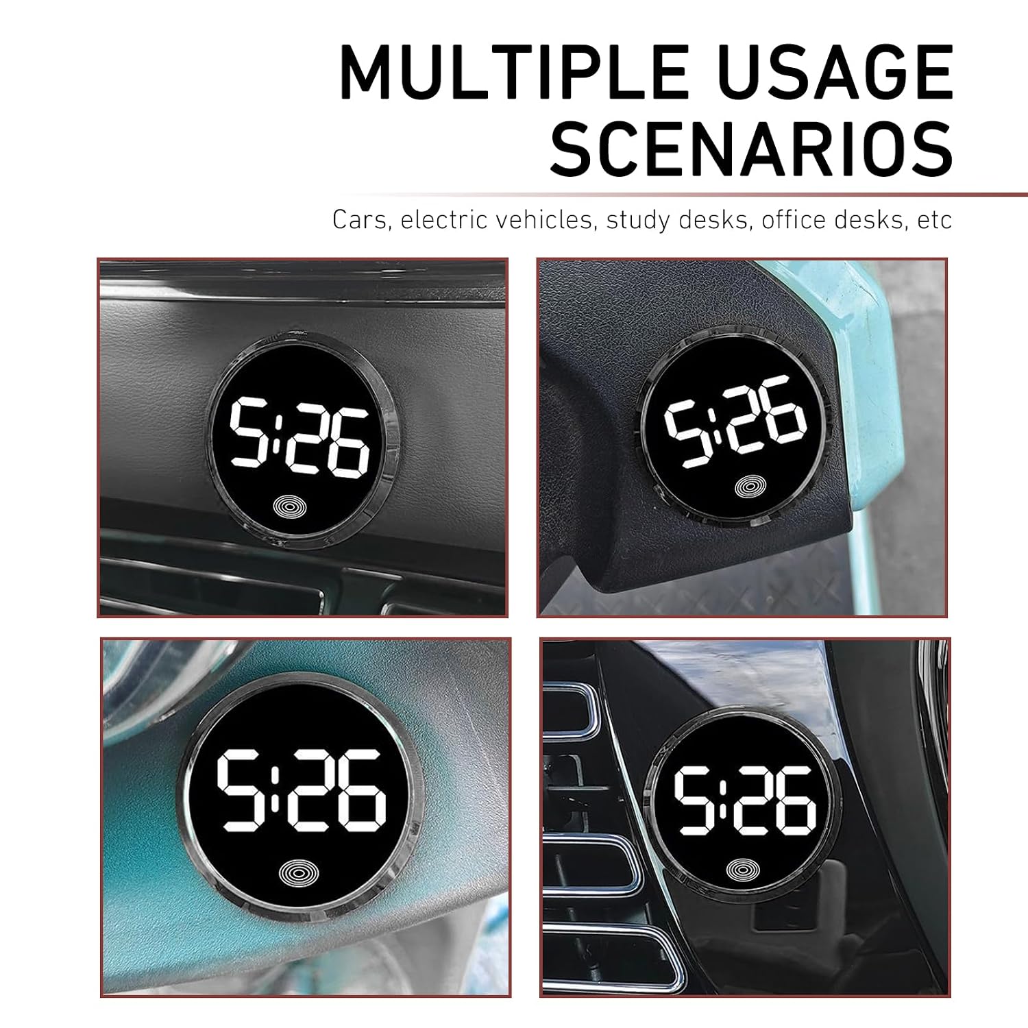 Small Digital LED Touch Luminous Car Clock with Night Light, Stick-On Electronic Clock, Universal Car Interior Decorative Accessory, White