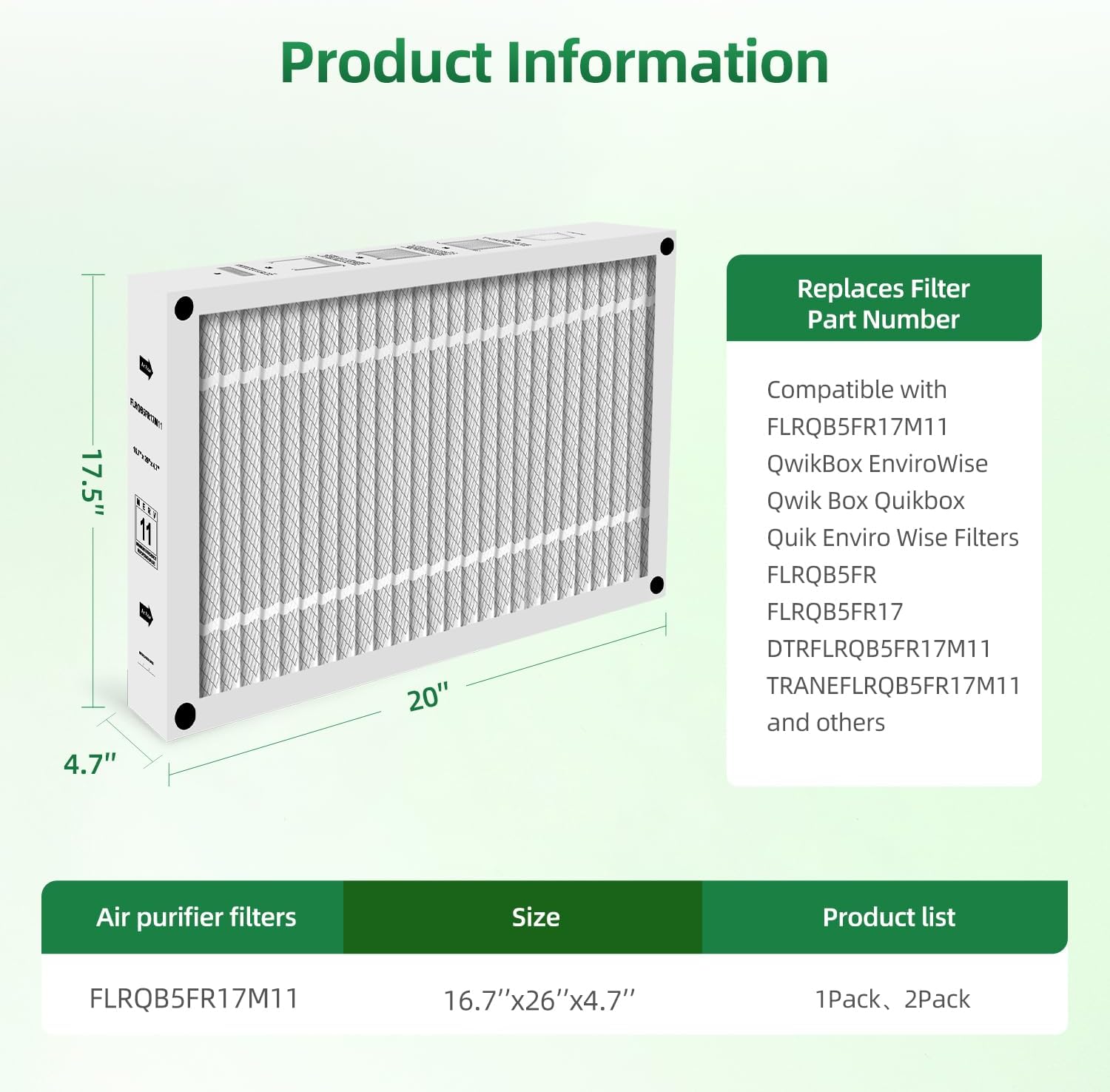 Upgrade FLRQB5FR17M11 MERV 11 Replacement Filter Compatible with Trane TFM175B0FR0 FLRQB5FR17M13 Air Filter, 16.7" x 26" x 4.7" for QuikBox Media Filter 2 Pack