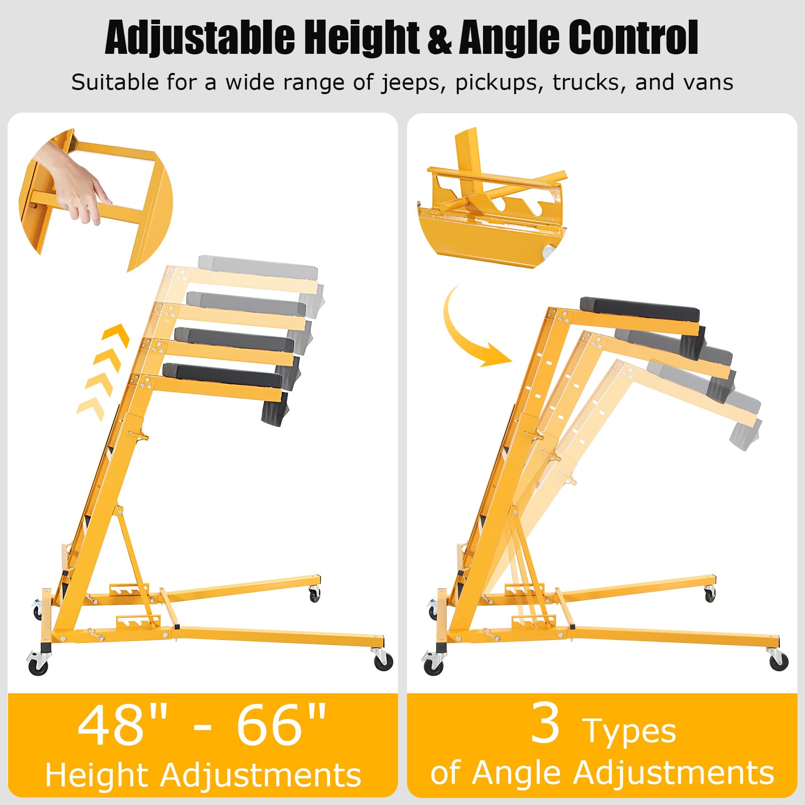 GarveeTech Chariot de mécanicien réglable 48"-66" - Capacité 200 kg - Coussins épais - 4 roulettes pivotantes - Corps Jaune et Plateau Noir Mat