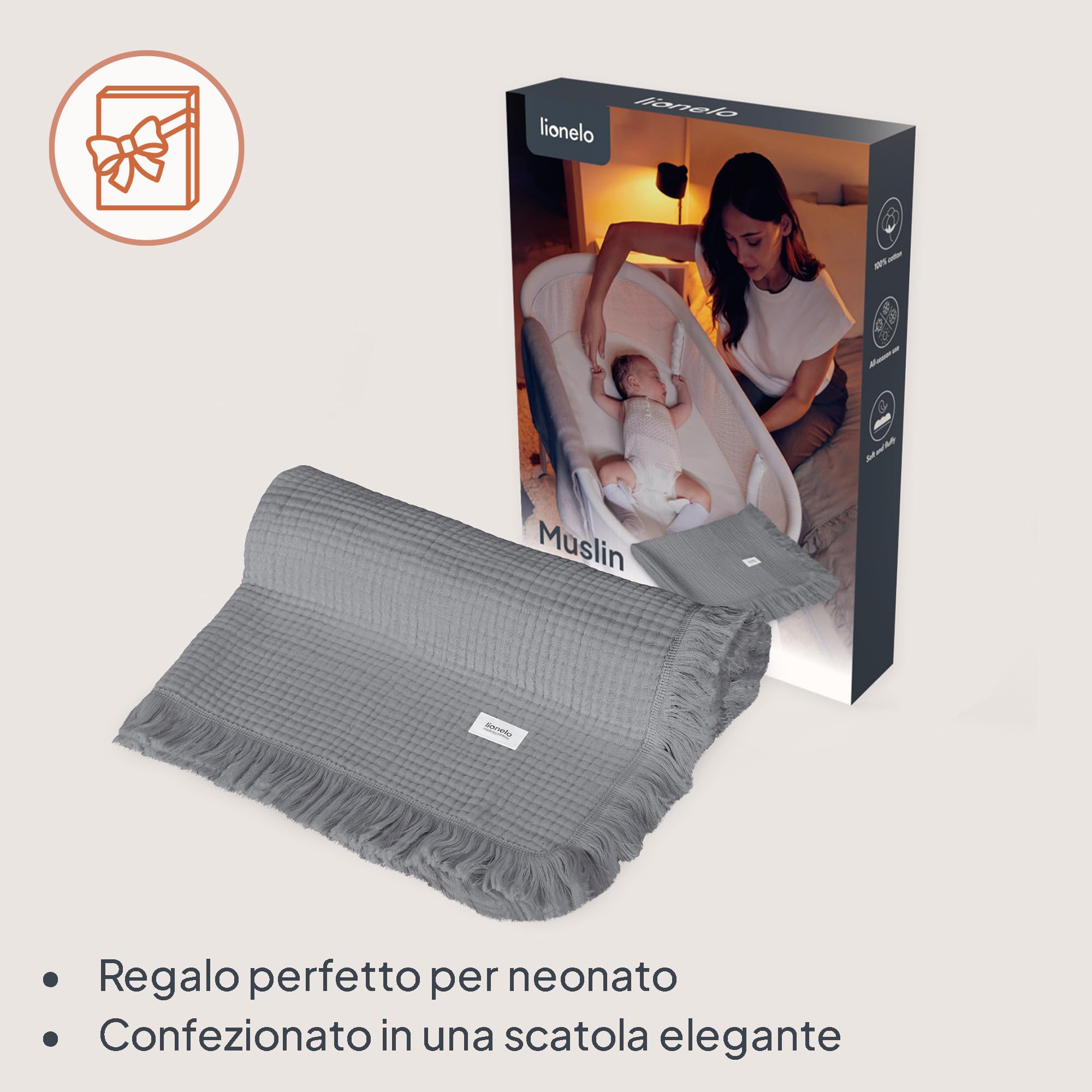 lionelo MUSLIN BLANKET Copertina Neonato in Cotone 100% Mussola, 70 x 100 cm, 6 Strati Morbida e Traspirante 4 Stagioni, Coperta Neonato per Carrozzina e Culla, Frange Rinforzate, Idea Regalo