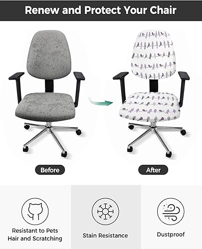 Miniatura 2 de Fundas elásticas para silla de oficina con diseño de pájaros morados, 2 piezas, suave, decorativo, protector para silla de escritorio, protector