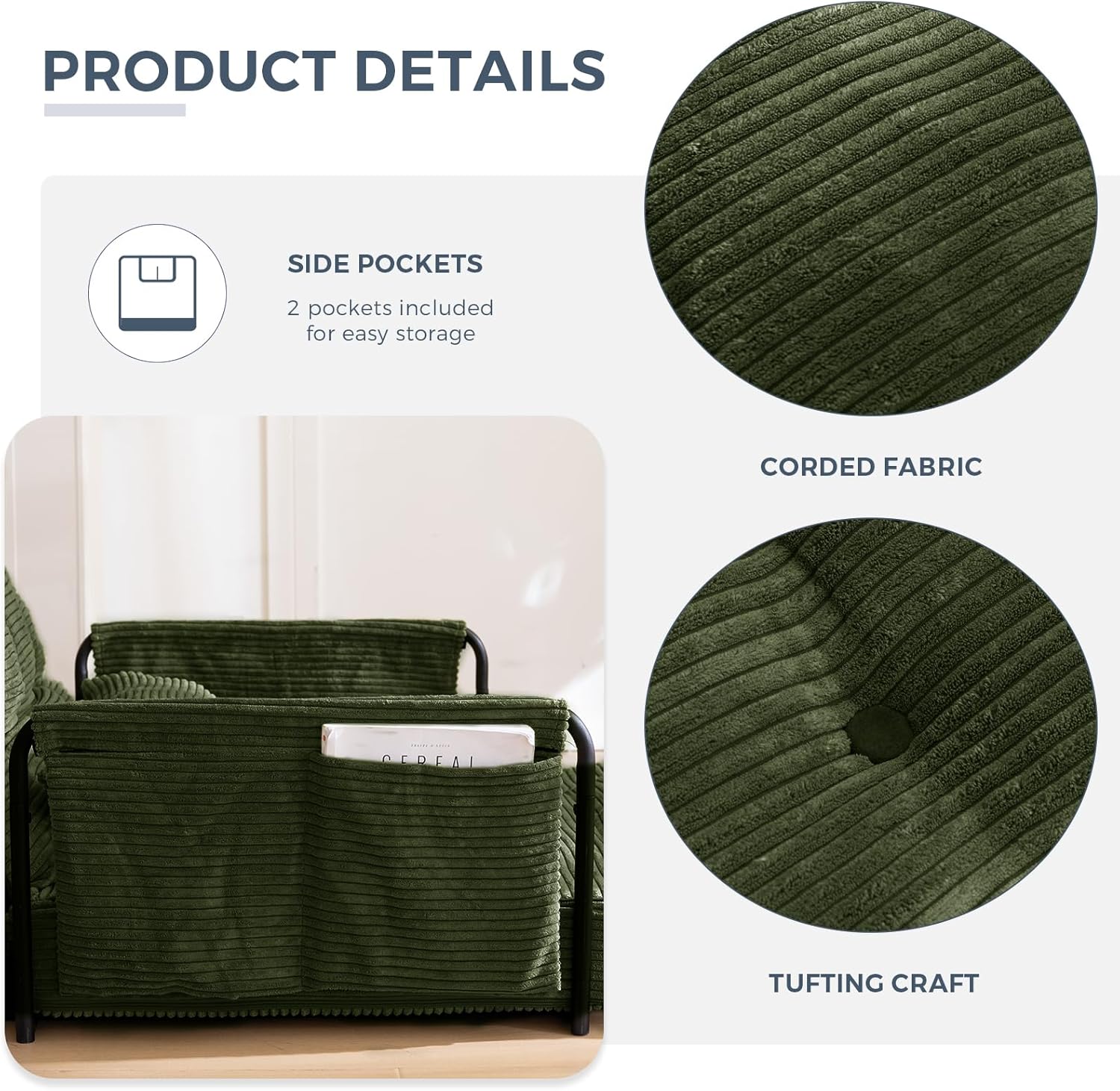 Close-up of the side pocket on the MAXYOYO Floor Sofa Couch