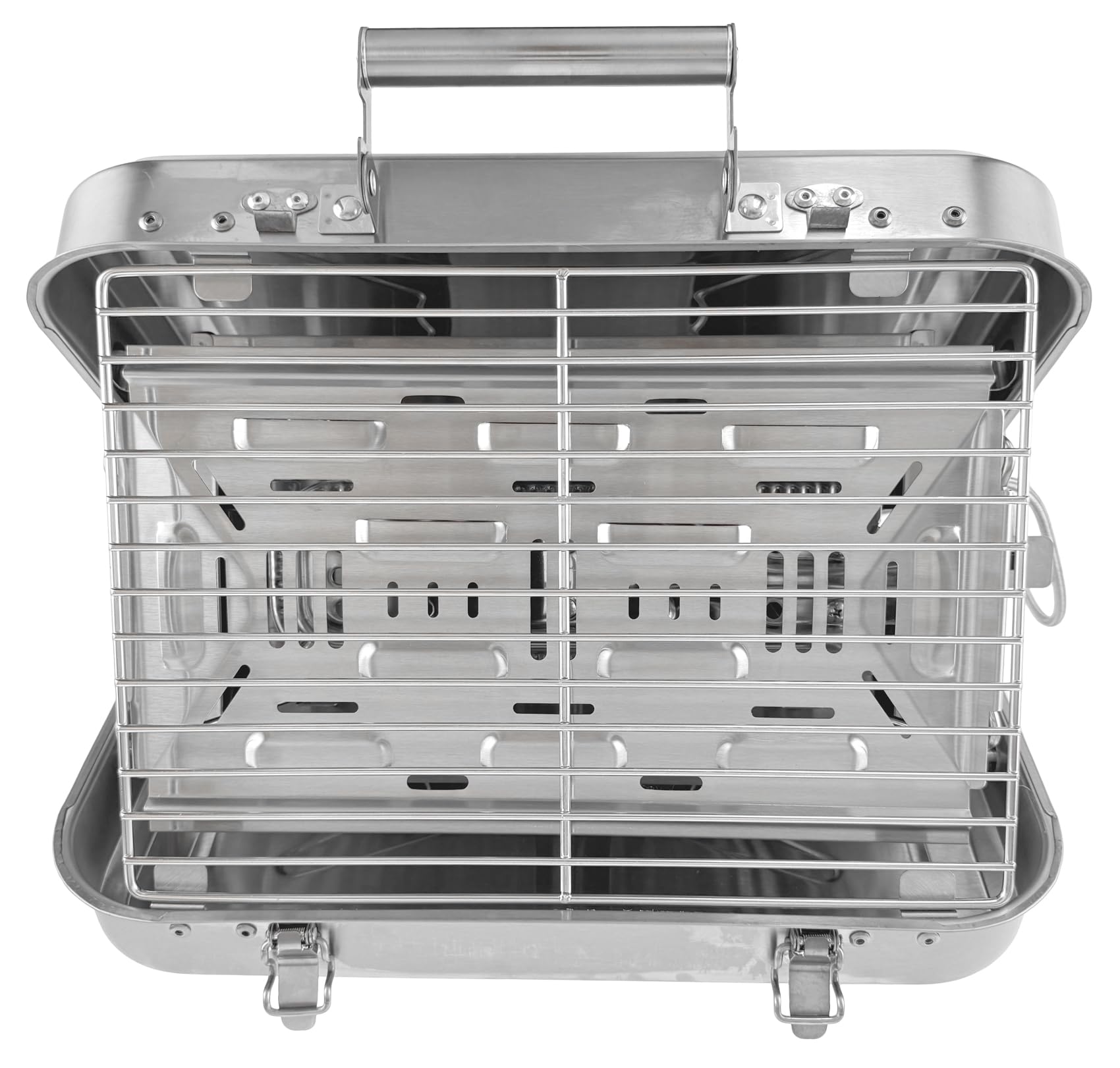 GARDINGER BBQ 45 mobiler Koffergrill aus Edelstahl für Gaskartuschen | Klappbarer Camping-Grill für Picknick Outdoor mit Edelstahlgrillzange | 44,5x30x11,3 cm