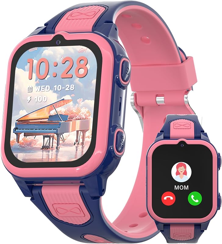 Reloj inteligente 4G para niños con rastreador GPS, videollamadas de voz, chat de texto, llamada SOS, reloj inteligente resistente al agua de 5 a 12 años, tienda de papel tapiz, modelo escolar, cámara, podómetro, juegos, despertador, cronómetro para niños (rosa)