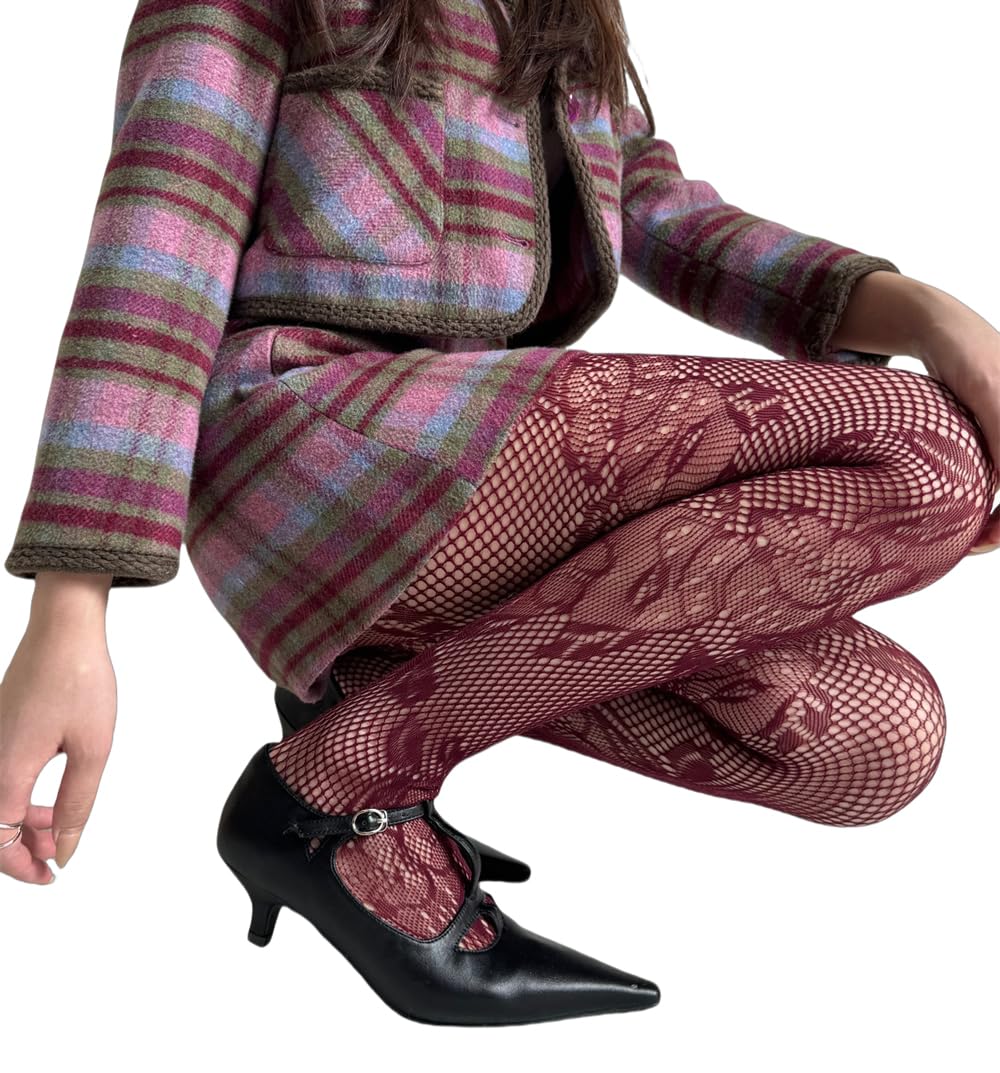 Feng Shui， Calze Collant con Motivo Floreale in Pizzo da Donna Collant Sexy a Rete in Pizzo Scavato