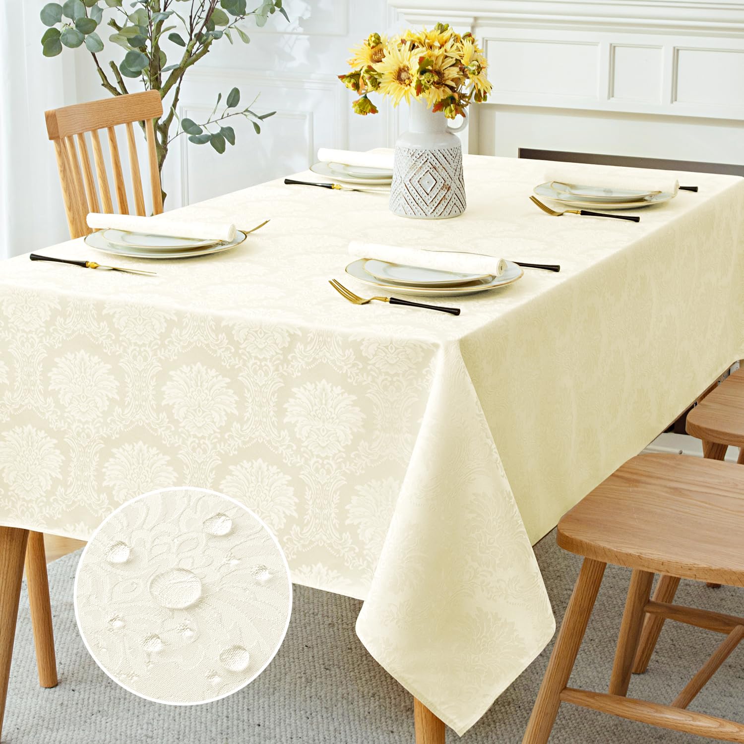 Romanstile Spring Jacquard Rectangle Tablecloth - Waterproof Elegant Vienna Damask Pattern Table Cloths Washable Polyester Decorative Table Covers for