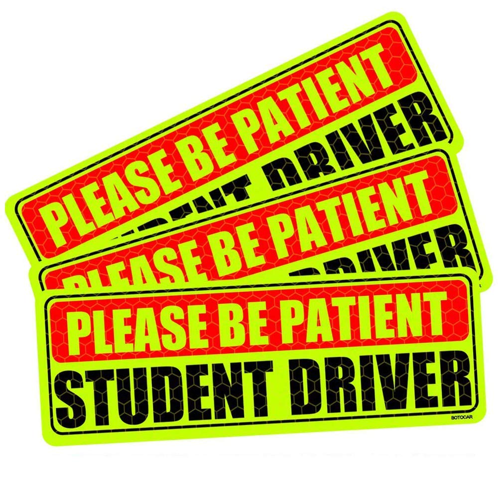 Botocar Student Driver Magnet for Car, Be Patient Student Driver, Magnetic Reflective Rookie Bumper Magnet, New Drivers Vehicle Safety Sign, Yellow Large Bold Text 10 x 3.5 Inch, Set of 3